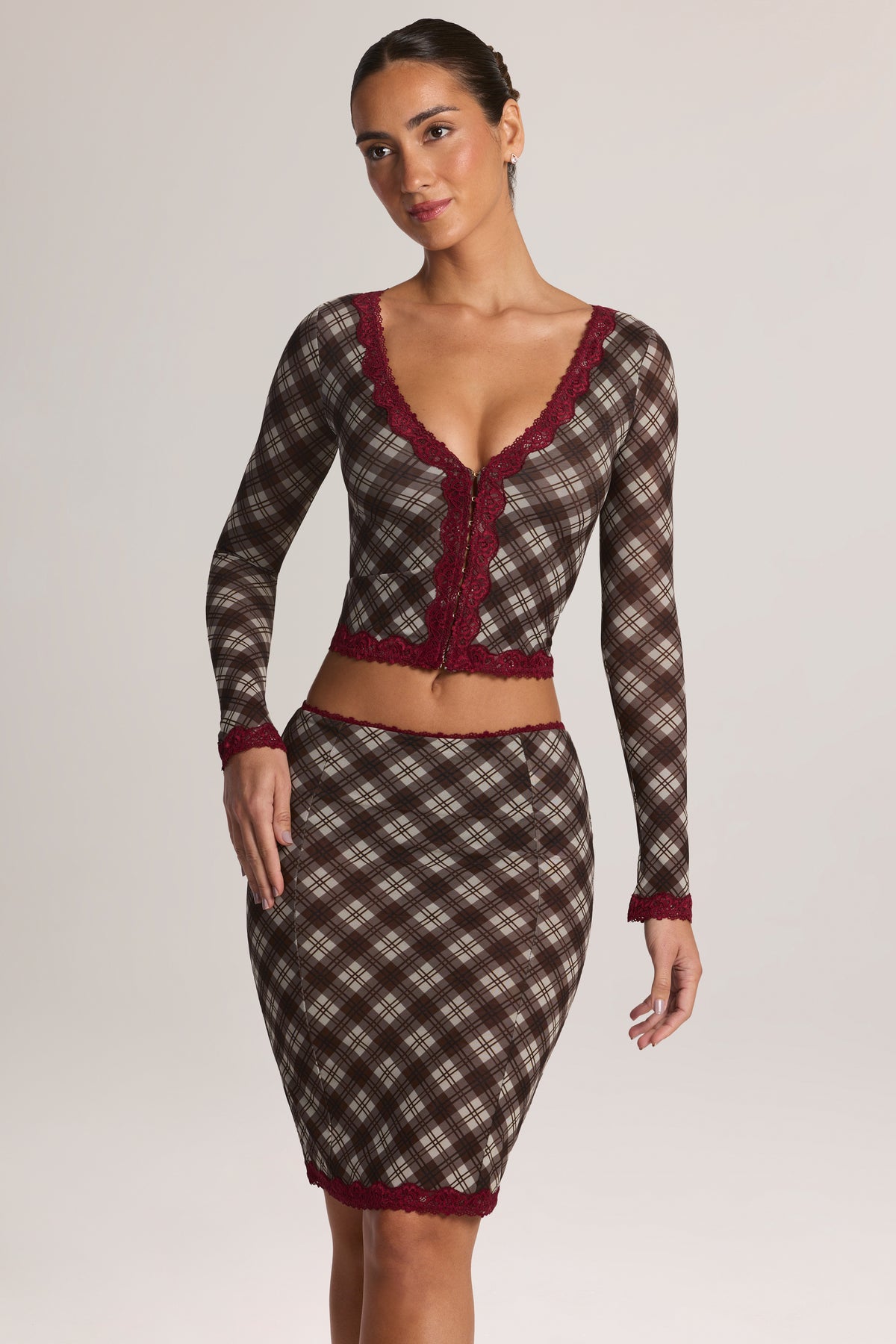 Lace-Trim Low-Rise Midi Skirt in Diagonal Check Print