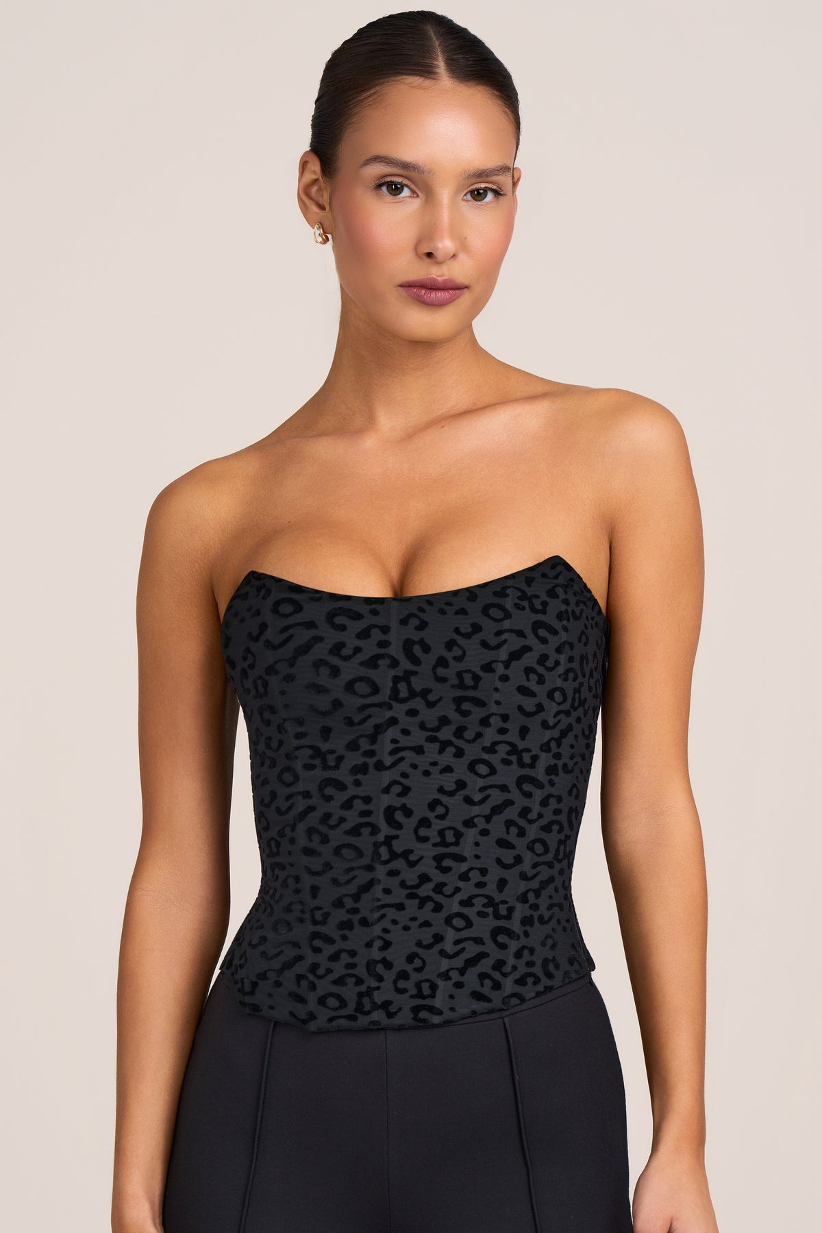 Flocked Leopard Mesh Corset Top in Black