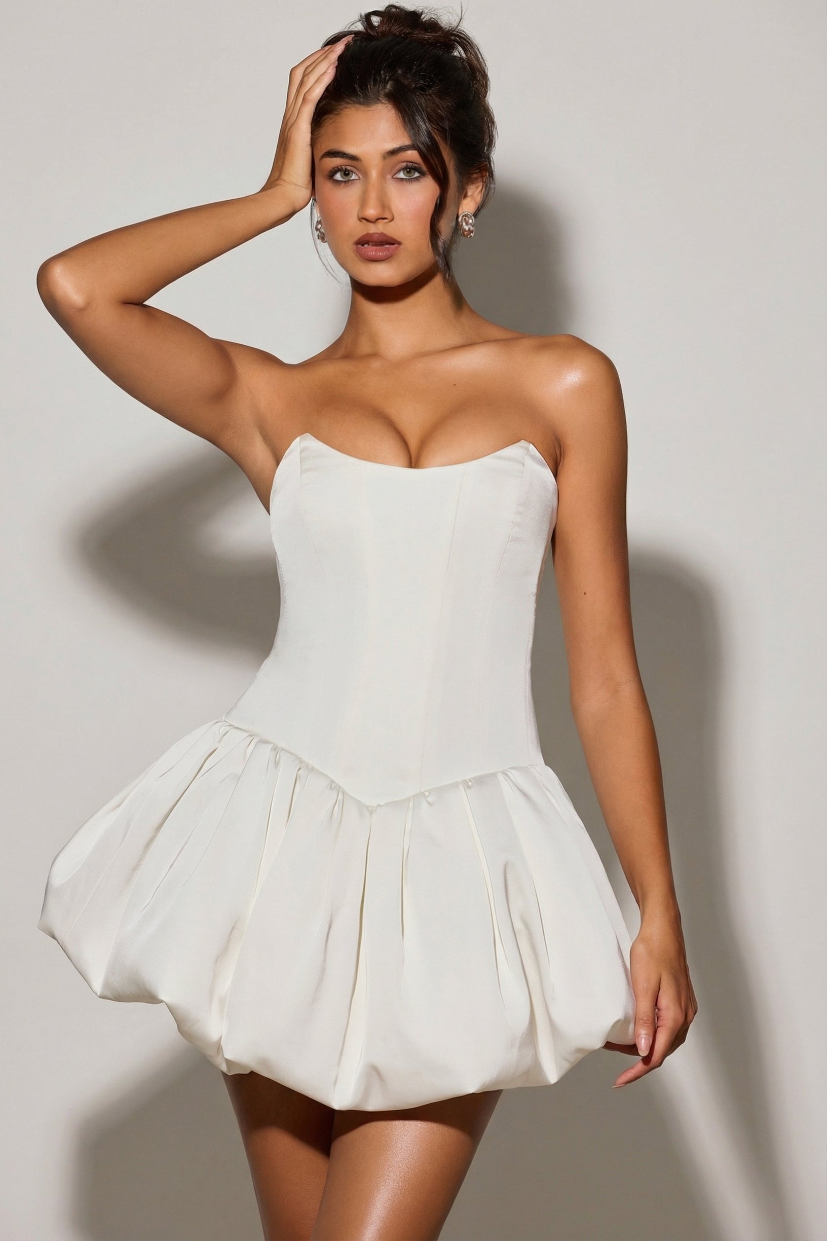 Lace-Up Bubble Hem Corset Micro Mini Dress in White - 1