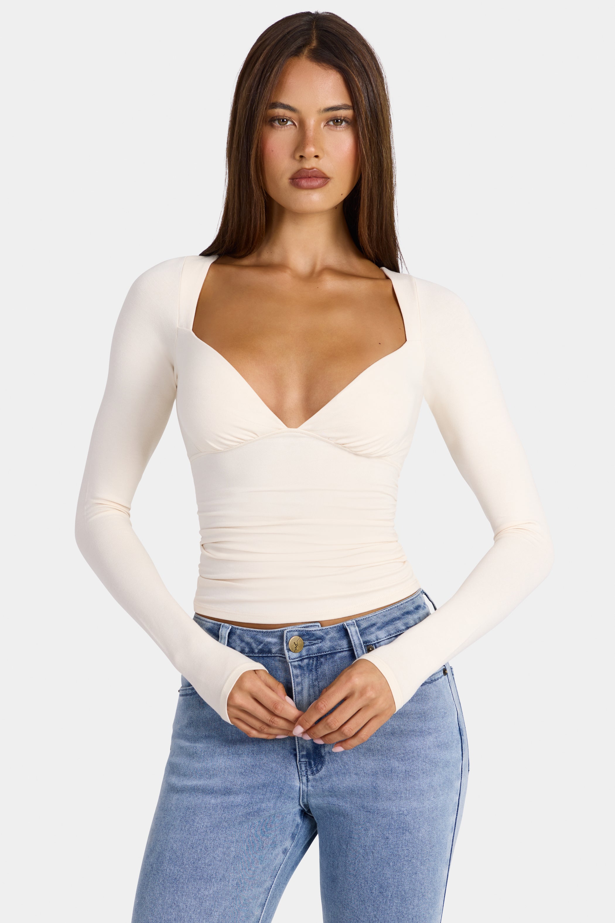 Modal Ruched Long-Sleeve Top in Oat