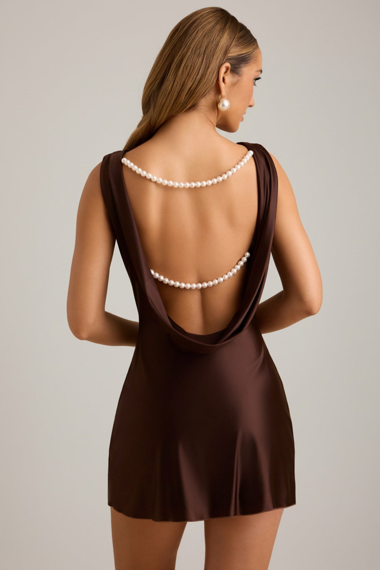 Draped Open-Back A-Line Mini Dress in Chocolate Brown