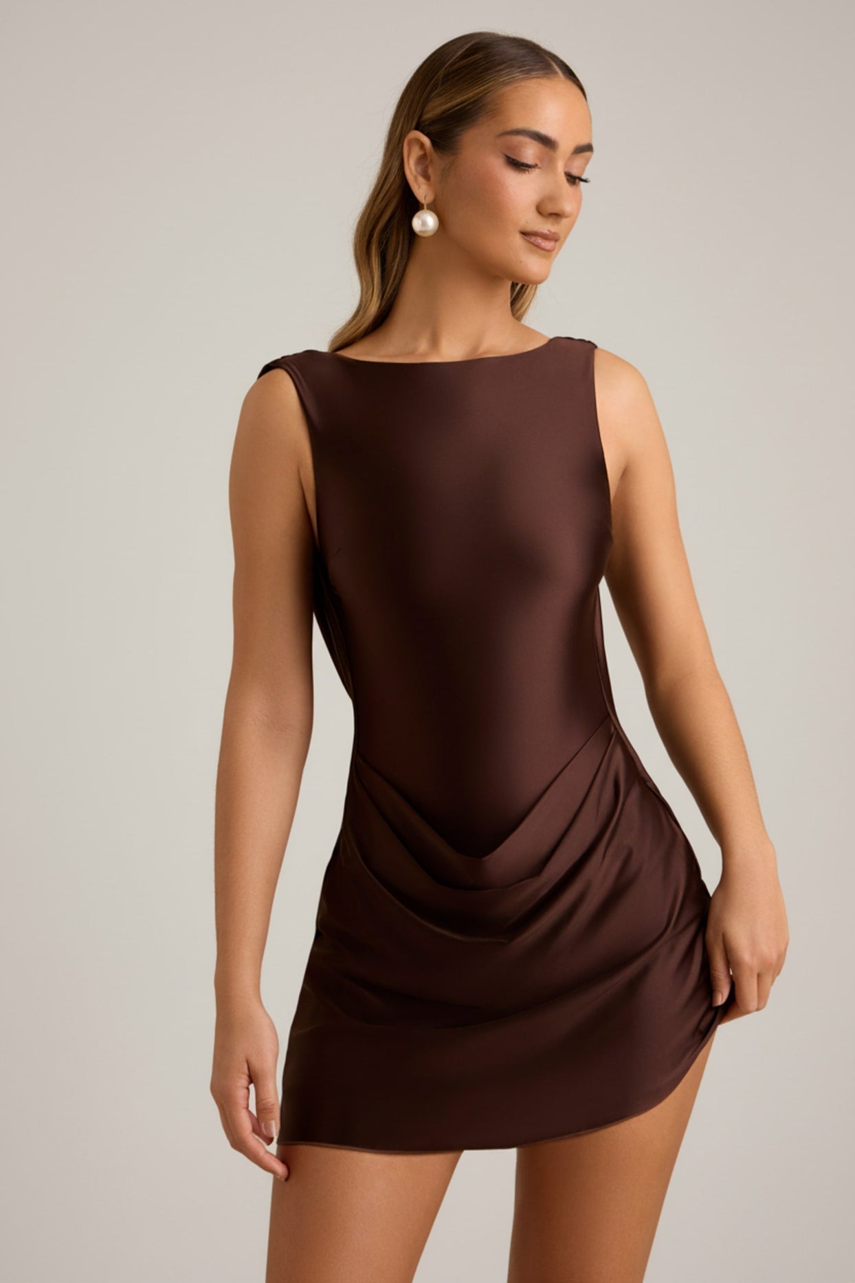 Draped Open-Back A-Line Mini Dress in Chocolate Brown