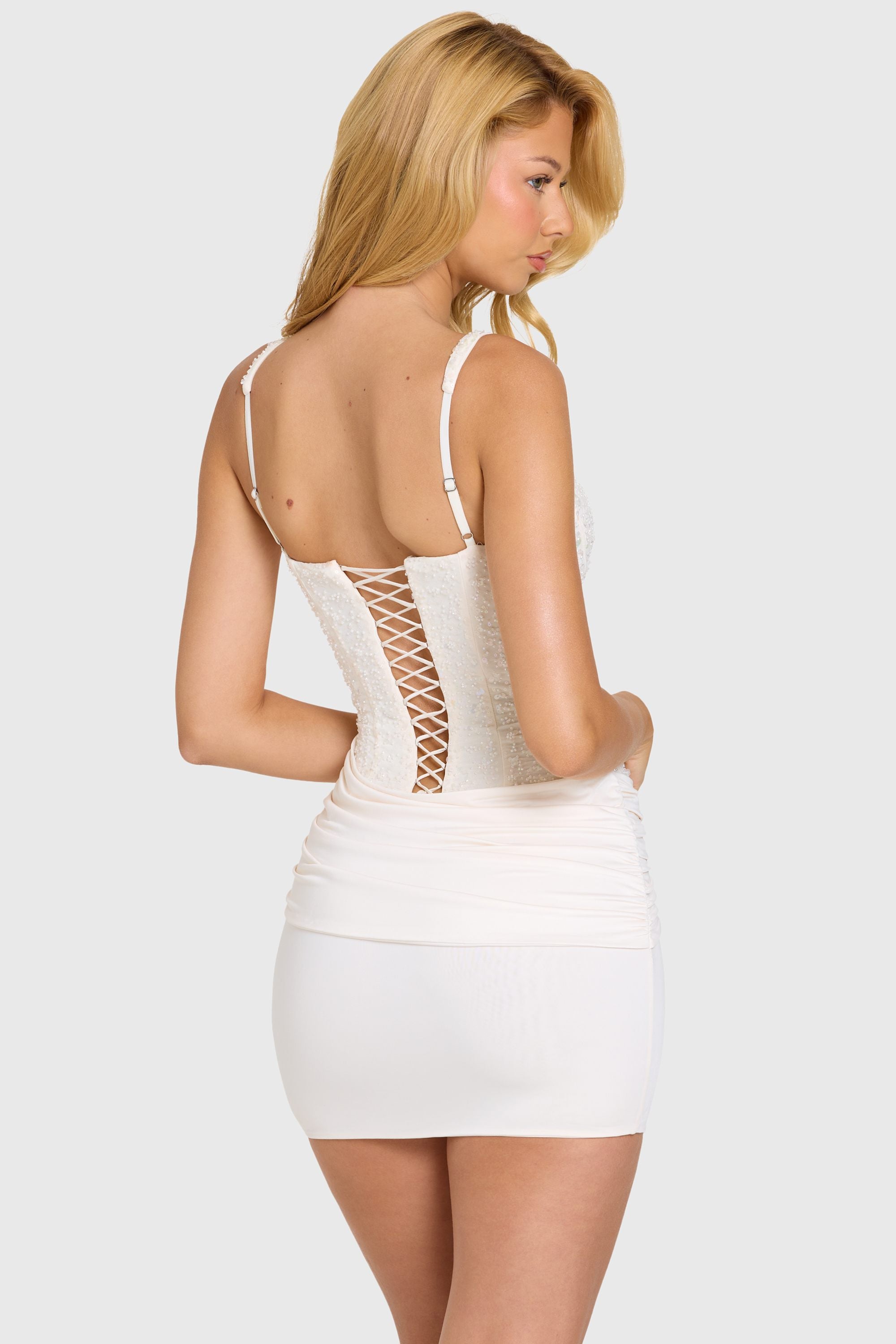 Bandeau Floral-Appliqué Corset Mini Dress in Ivory