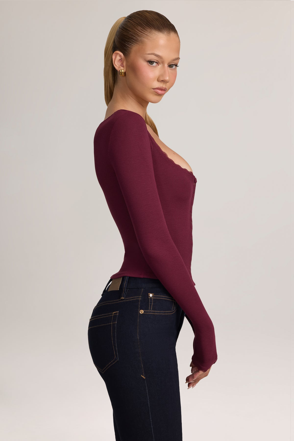 Ribbed Modal Lace-Trim Cardigan in Maroon Red