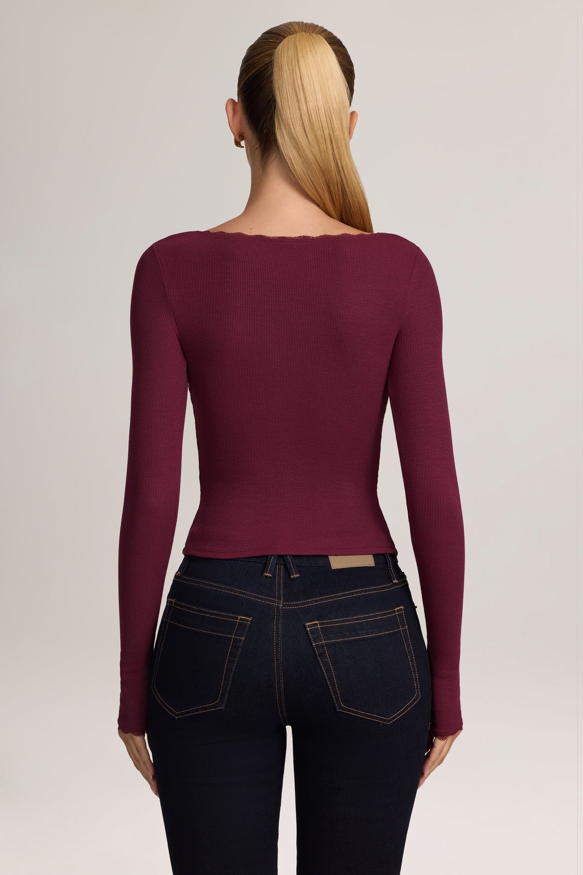 Ribbed Modal Lace-Trim Cardigan in Maroon Red