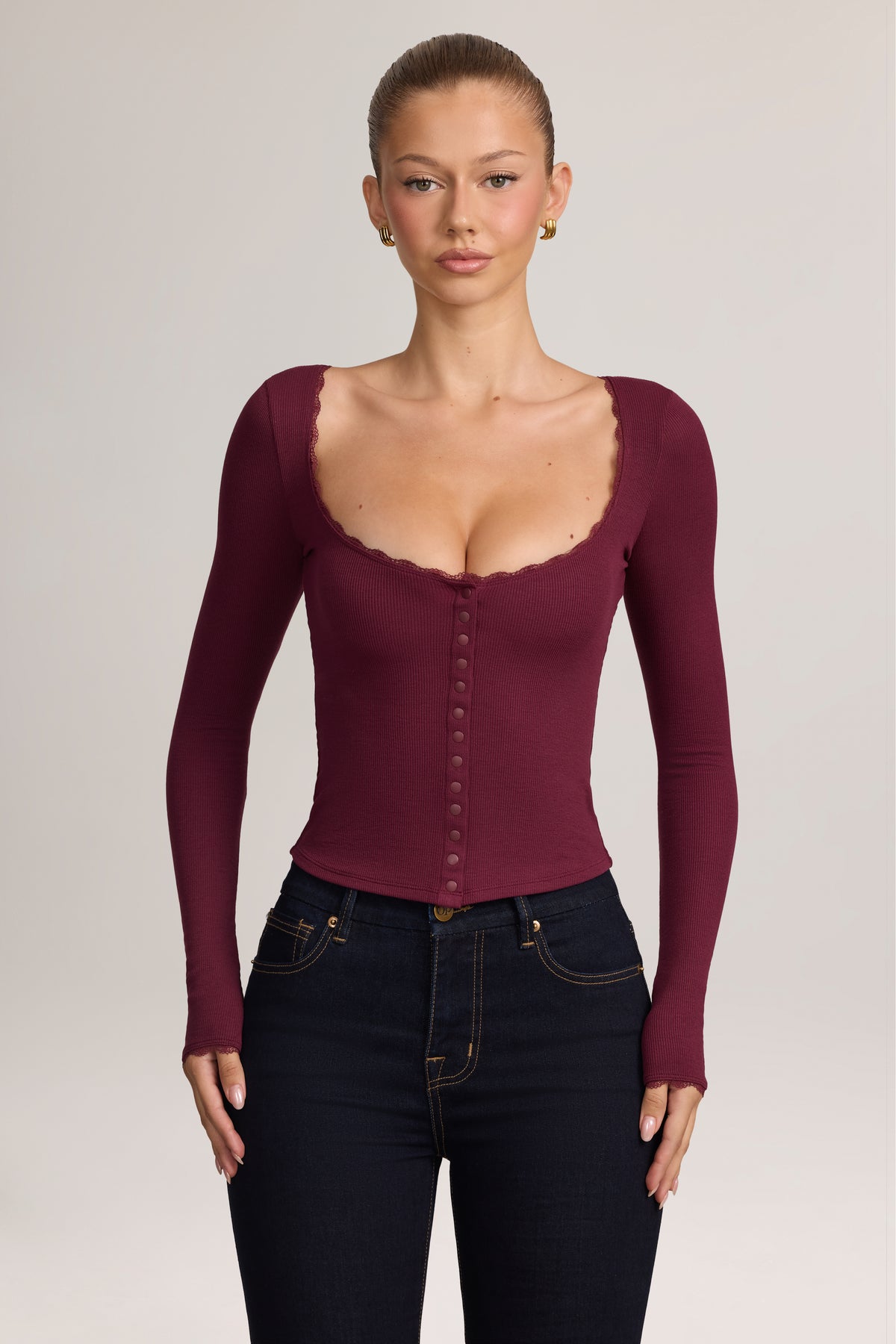 Ribbed Modal Lace-Trim Cardigan in Maroon Red