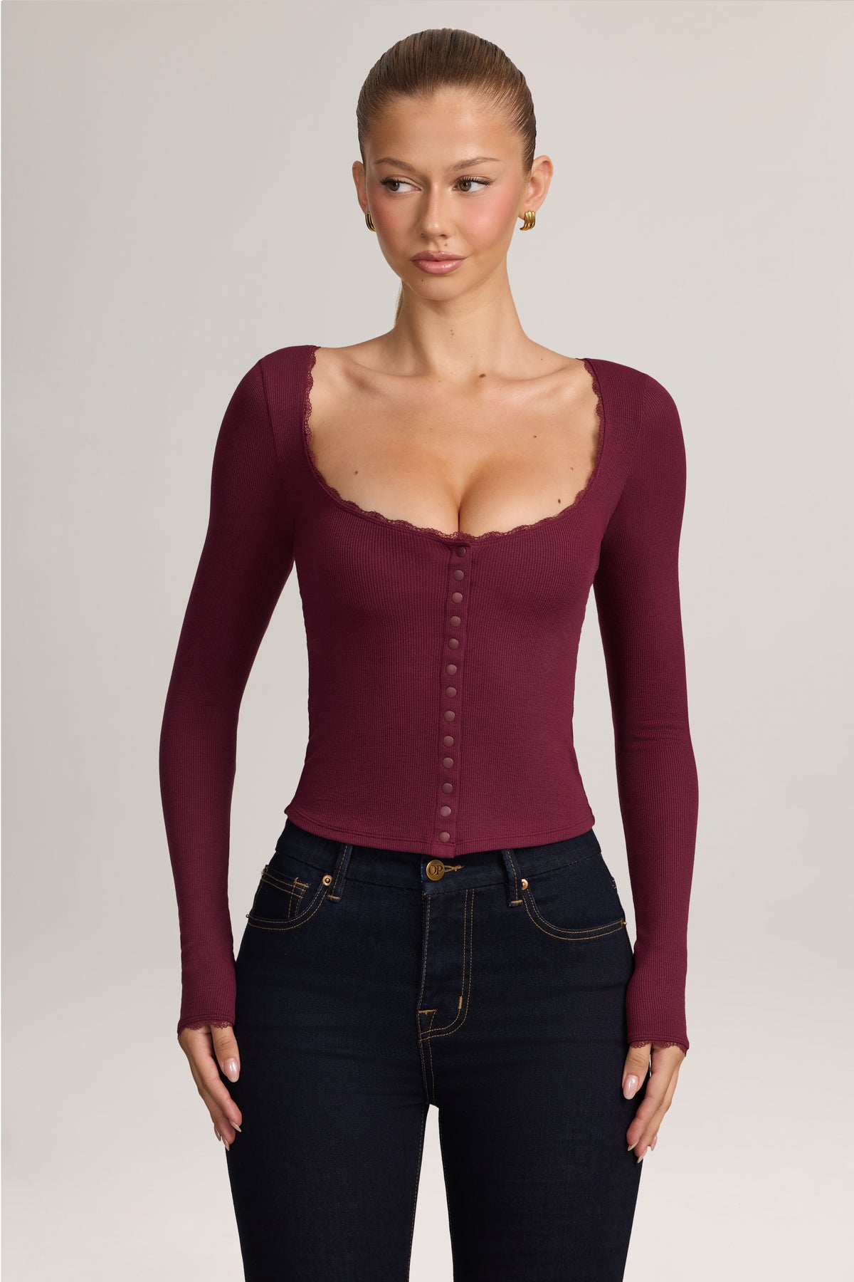 Ribbed Modal Lace-Trim Cardigan in Maroon Red
