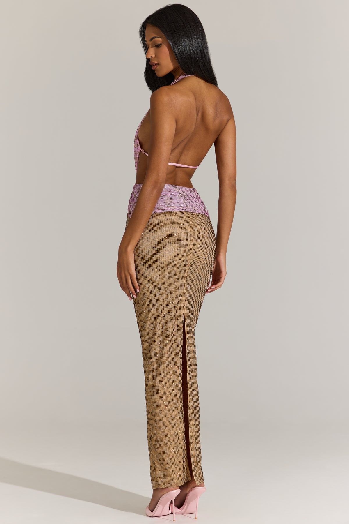 Embellished Cut-Out Maxi Dress in Pink Leopard