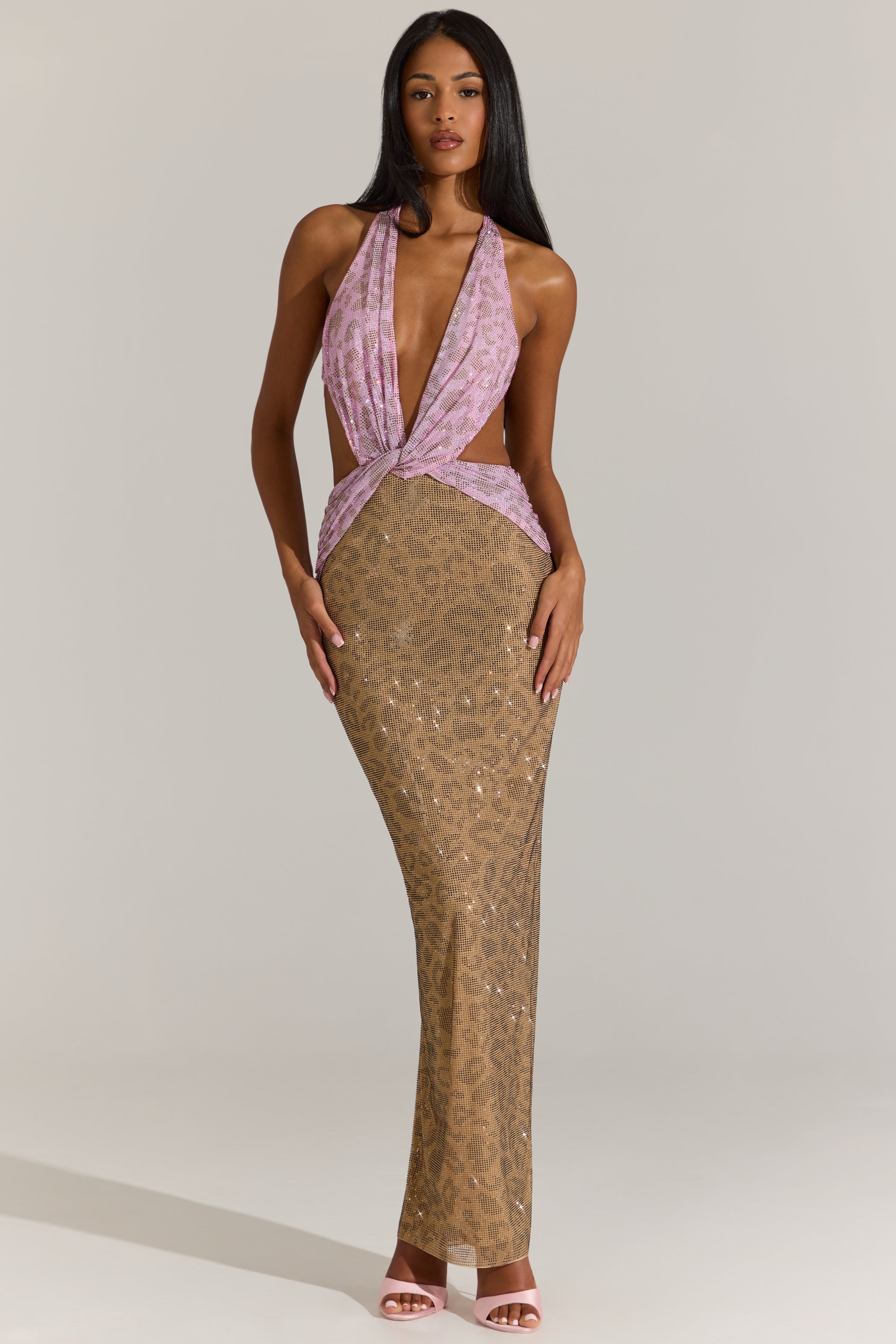 Embellished Cut-Out Maxi Dress in Pink Leopard