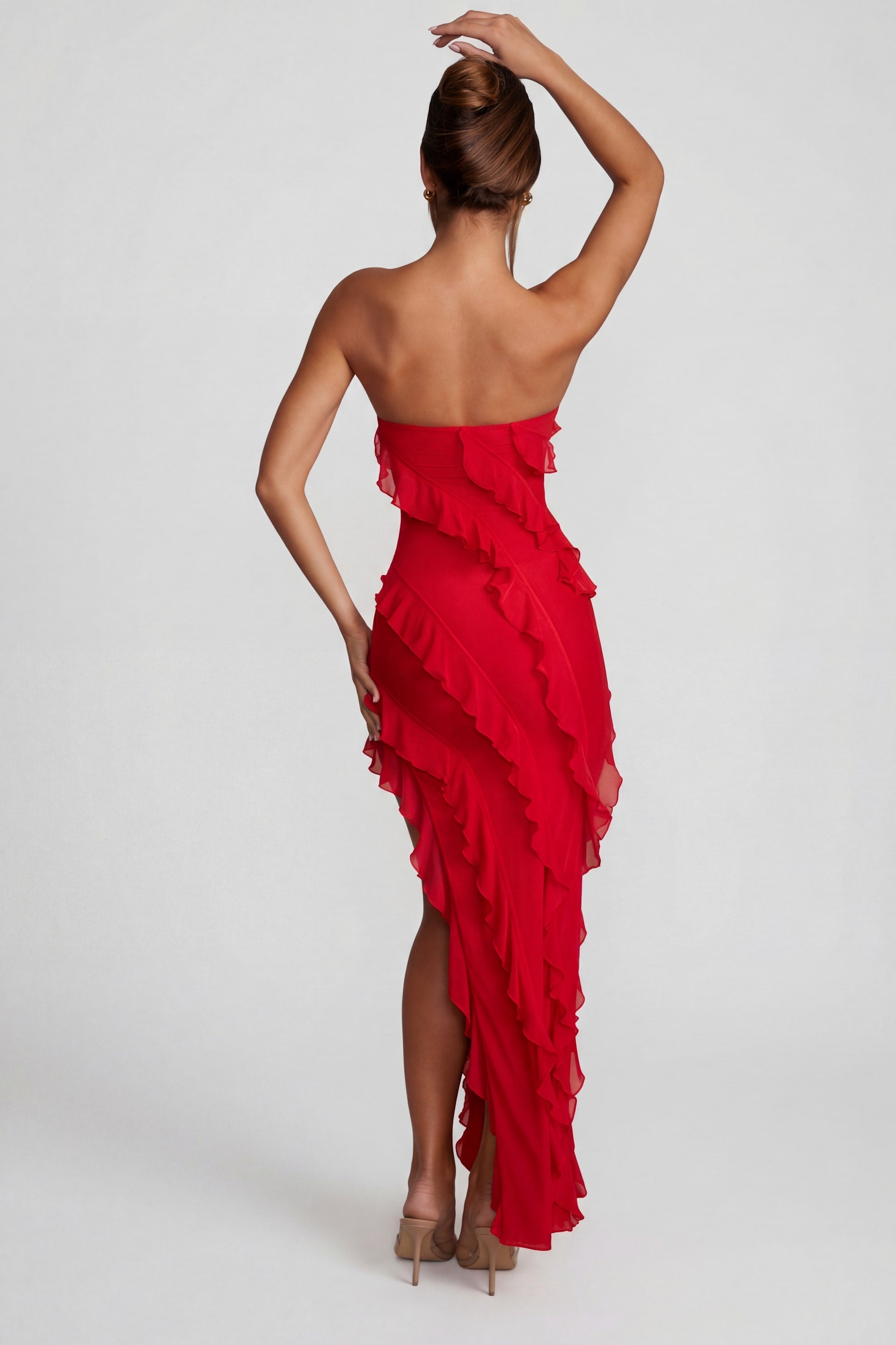 Nevali Bandeau Ruffle Detail Maxi Dress in Red