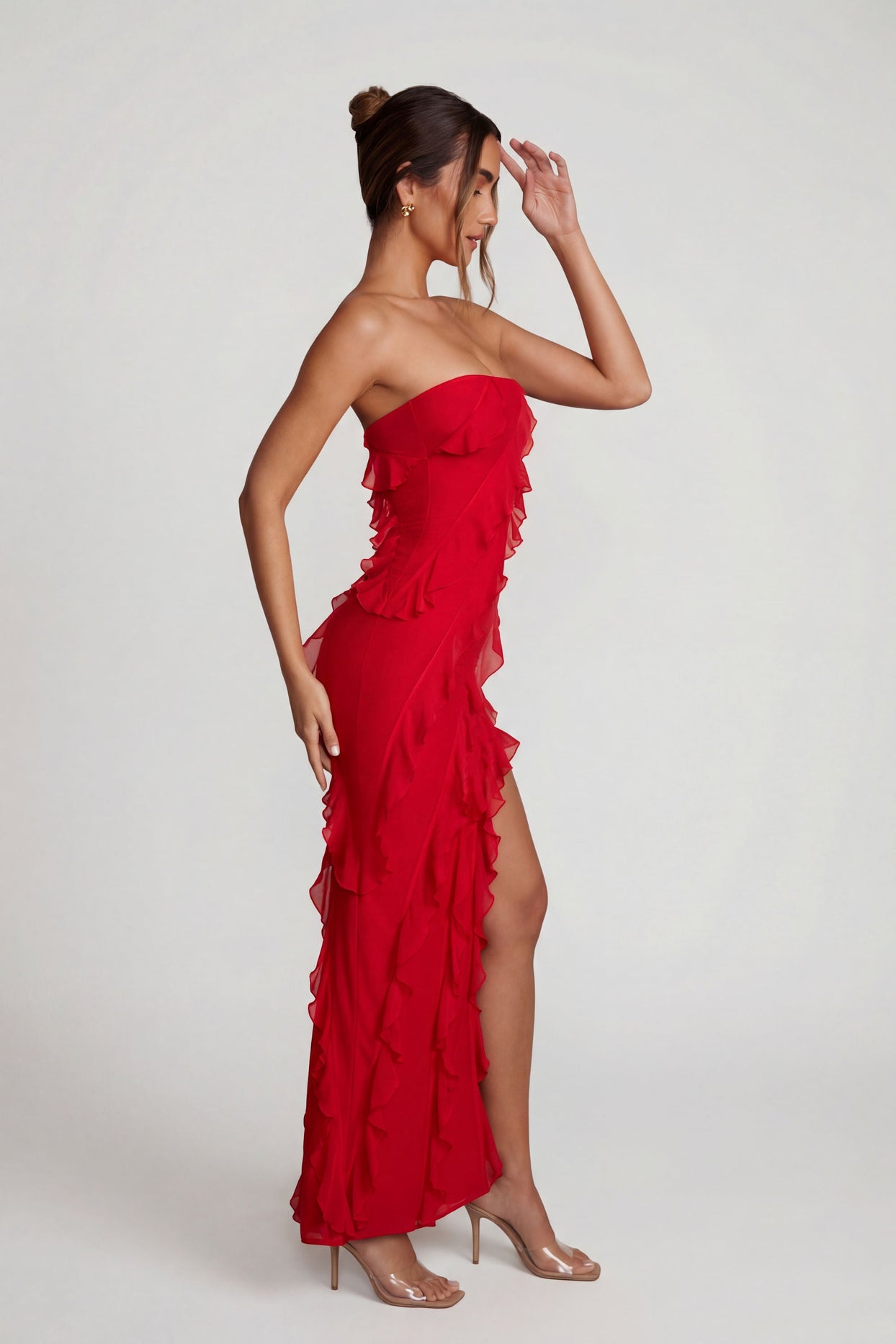 Bandeau Ruffle Detail Maxi Dress in Red - 4