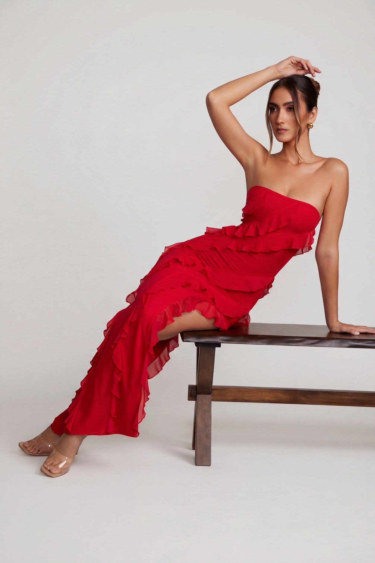 Bandeau Ruffle Detail Maxi Dress in Red - 8