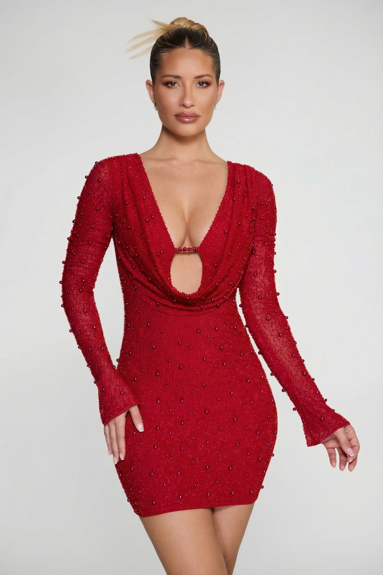 Nice Embellished Long Sleeve Plunge Mini Dress in Red