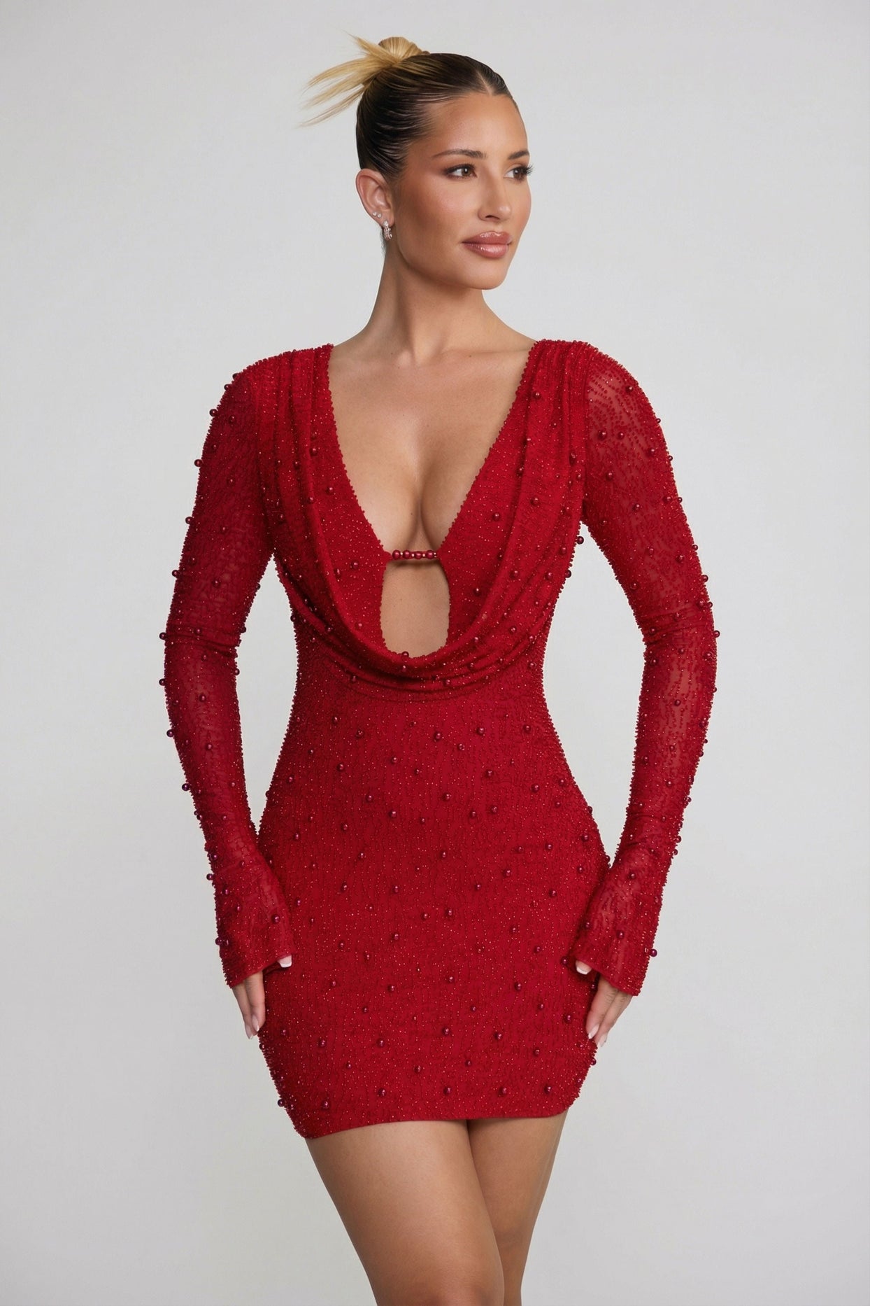 Long Sleeve Deep Plunge Mini Dress in Red - 4