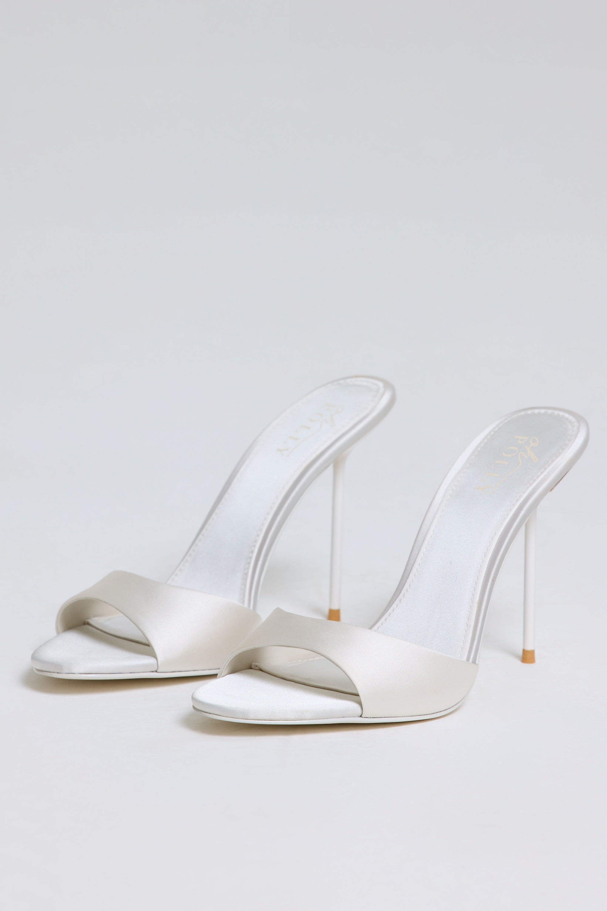 Satin Heeled Mule Sandal in Pearl White