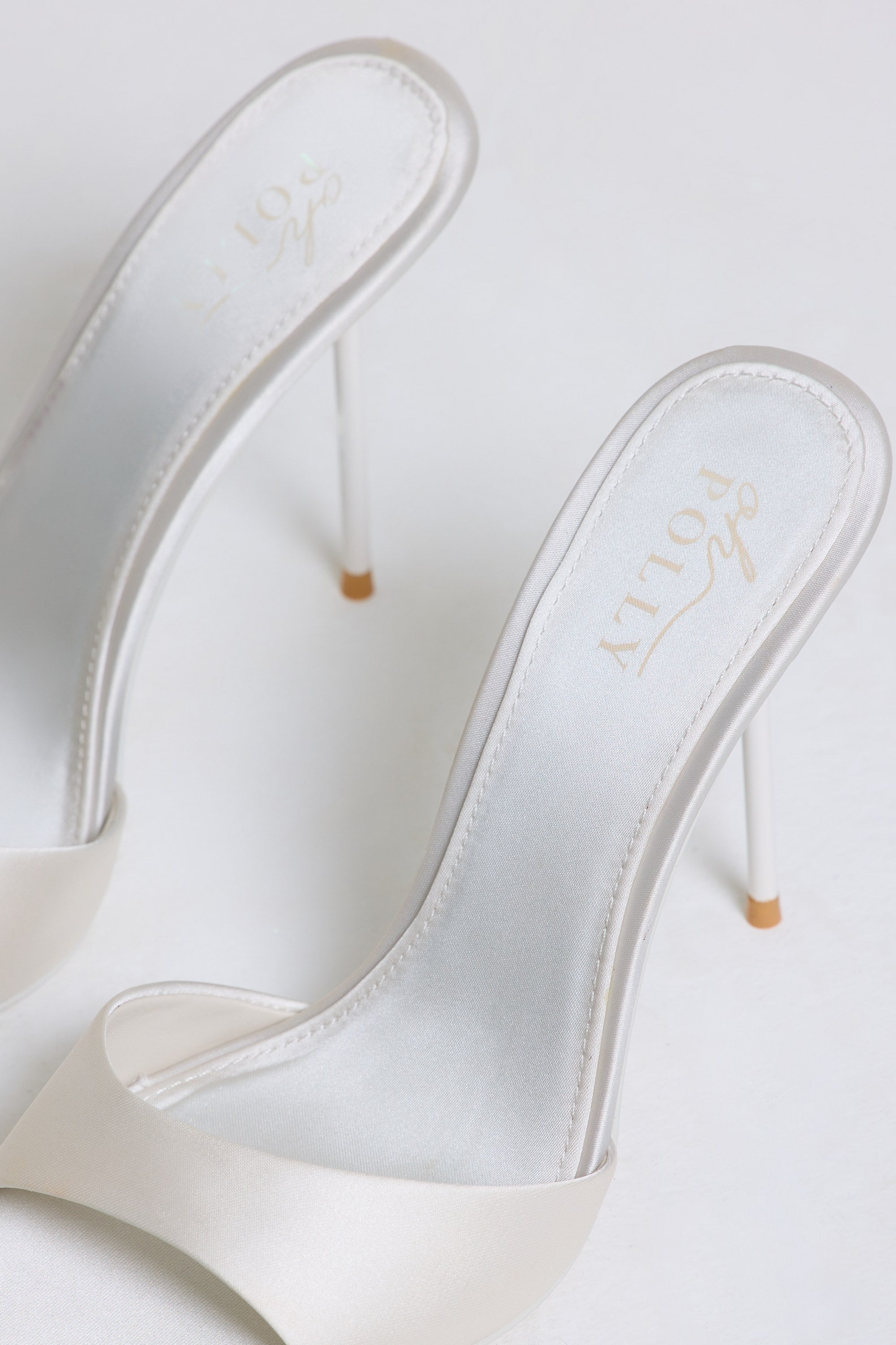Satin Heeled Mule Sandal in Pearl White