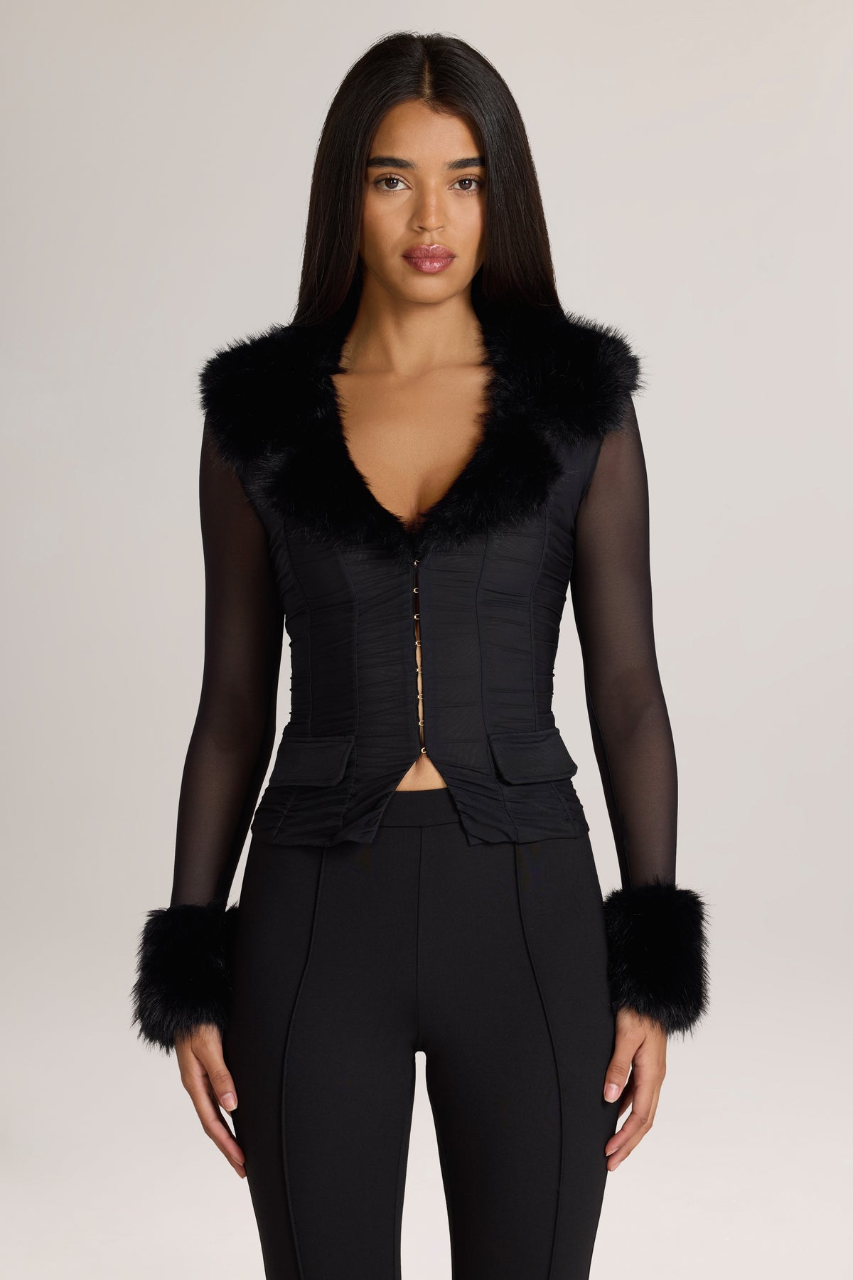 Long-Sleeve Faux-Fur-Trim Jacket in Black