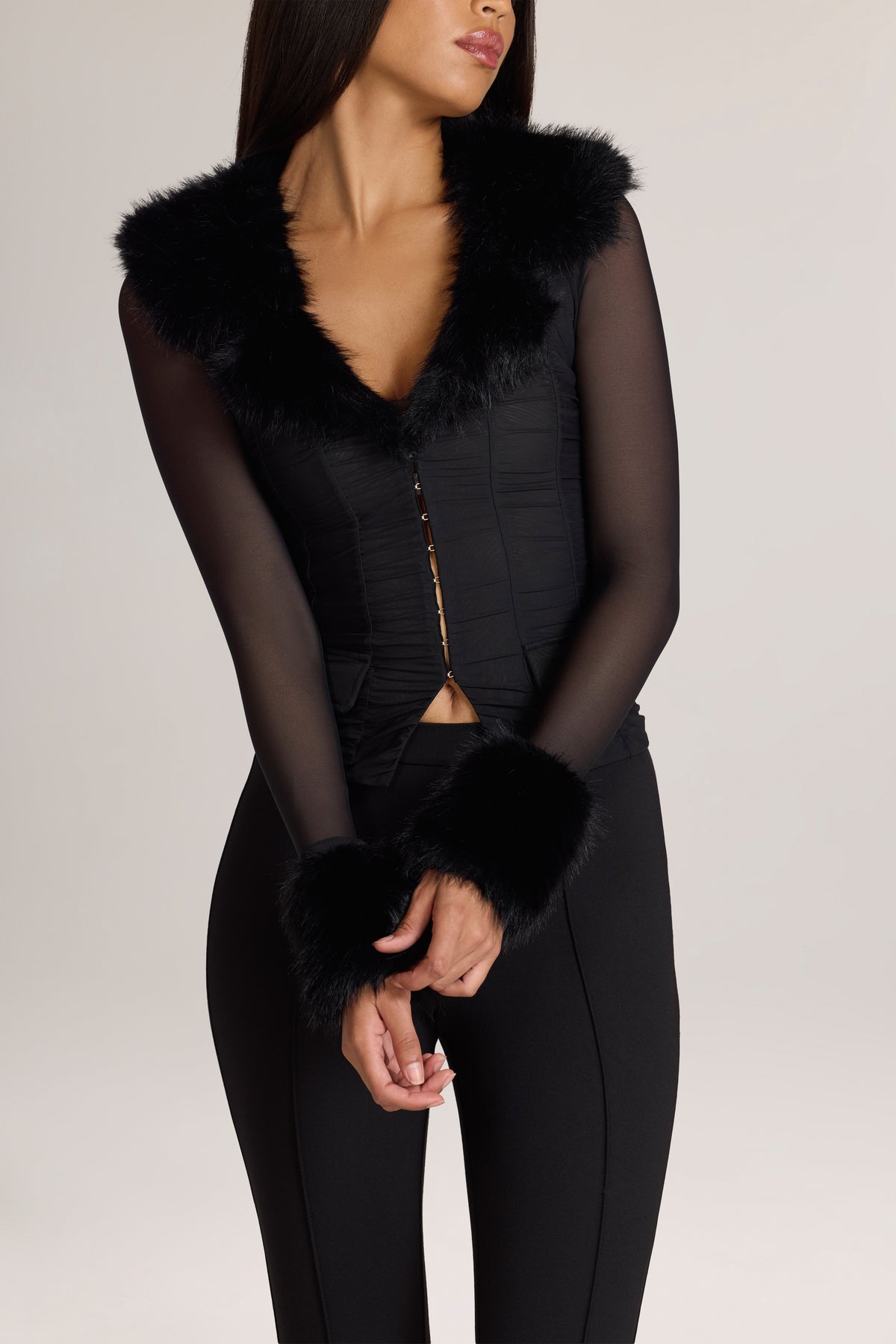Long-Sleeve Faux-Fur-Trim Jacket in Black