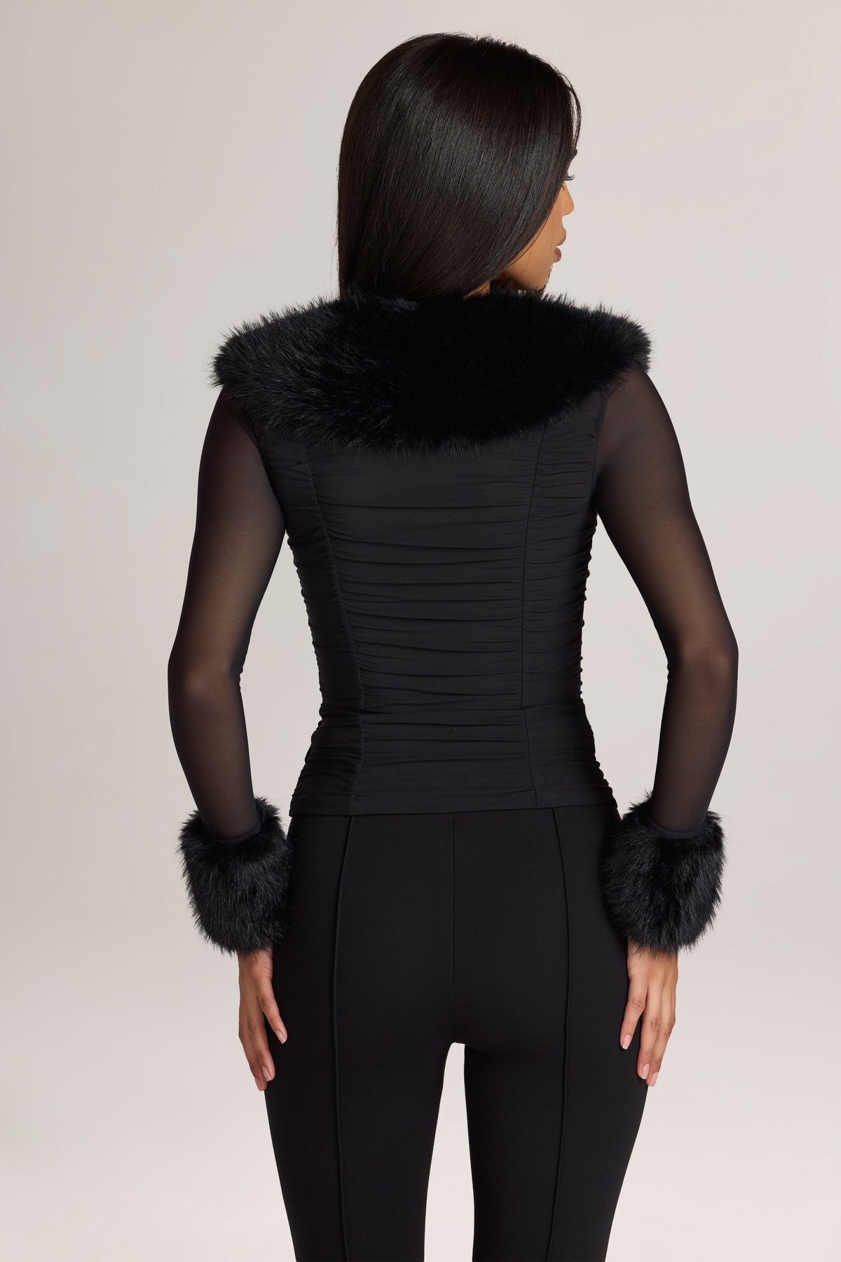 Long-Sleeve Faux-Fur-Trim Jacket in Black
