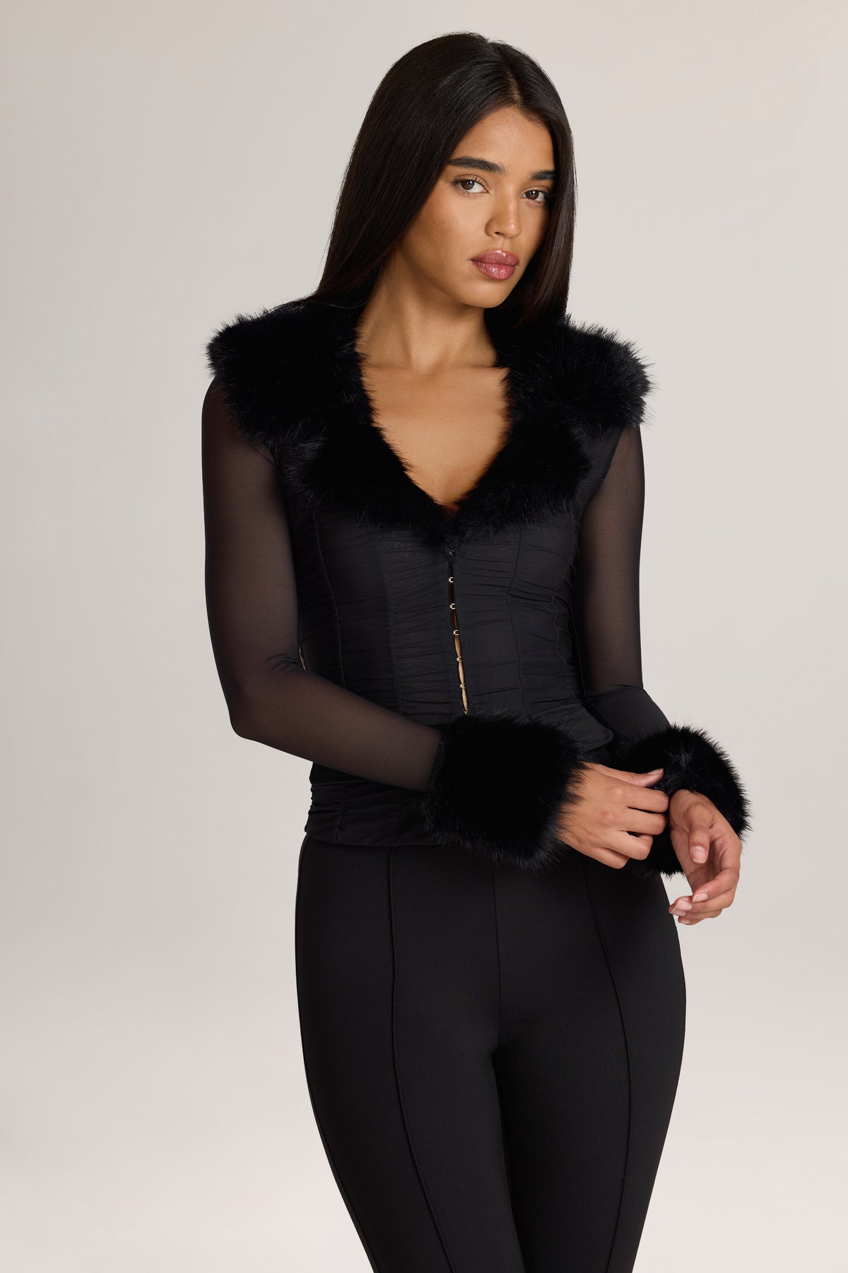 Long-Sleeve Faux-Fur-Trim Jacket in Black