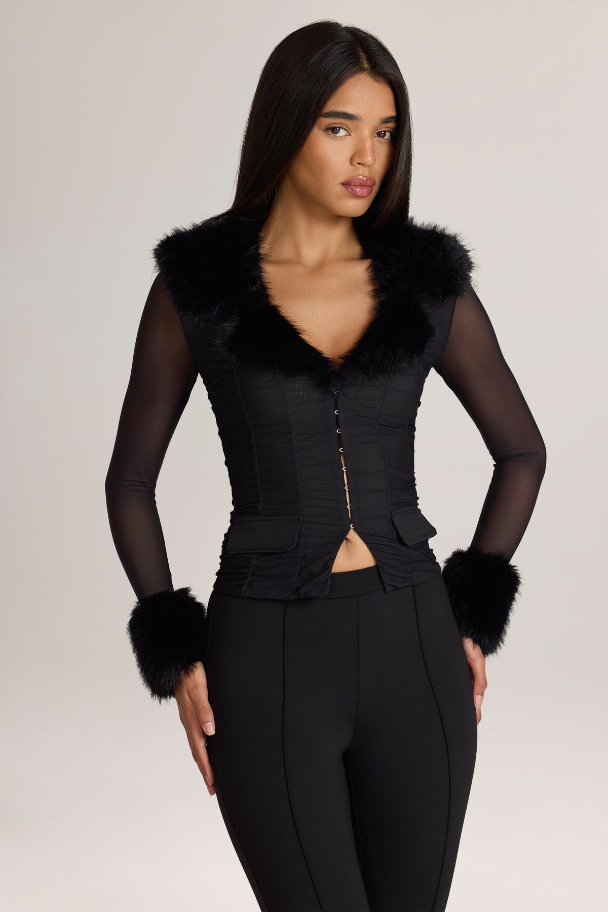 Long-Sleeve Faux-Fur-Trim Jacket in Black