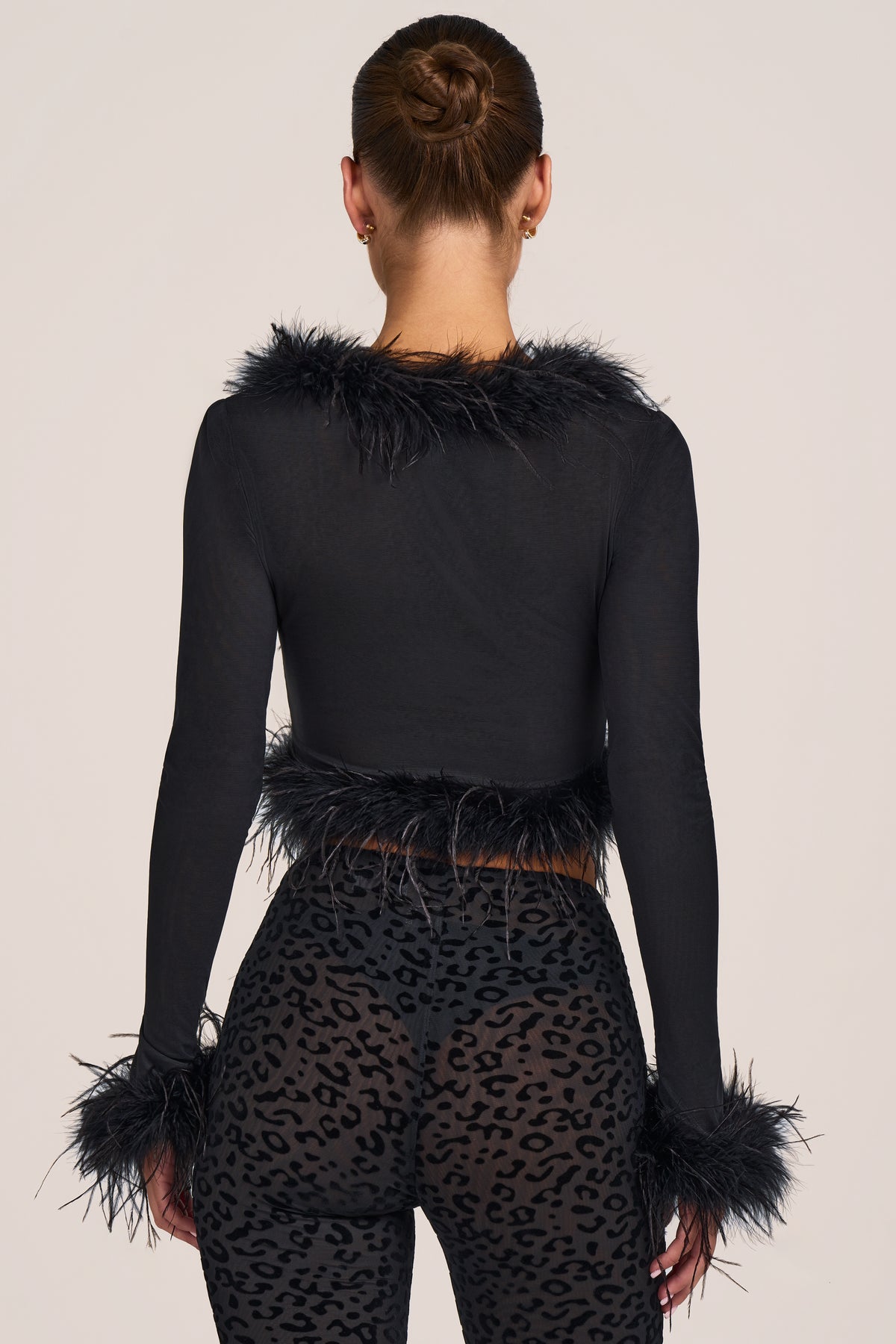 Feather-Trim Semi-Sheer Cardigan in Black - 2