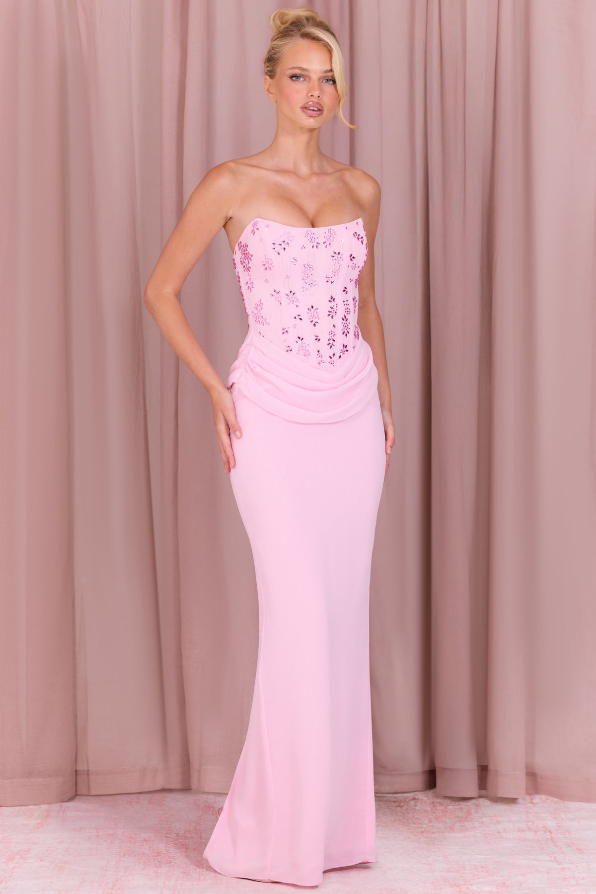 Embellished Corset Maxi Dress in Blossom Pink