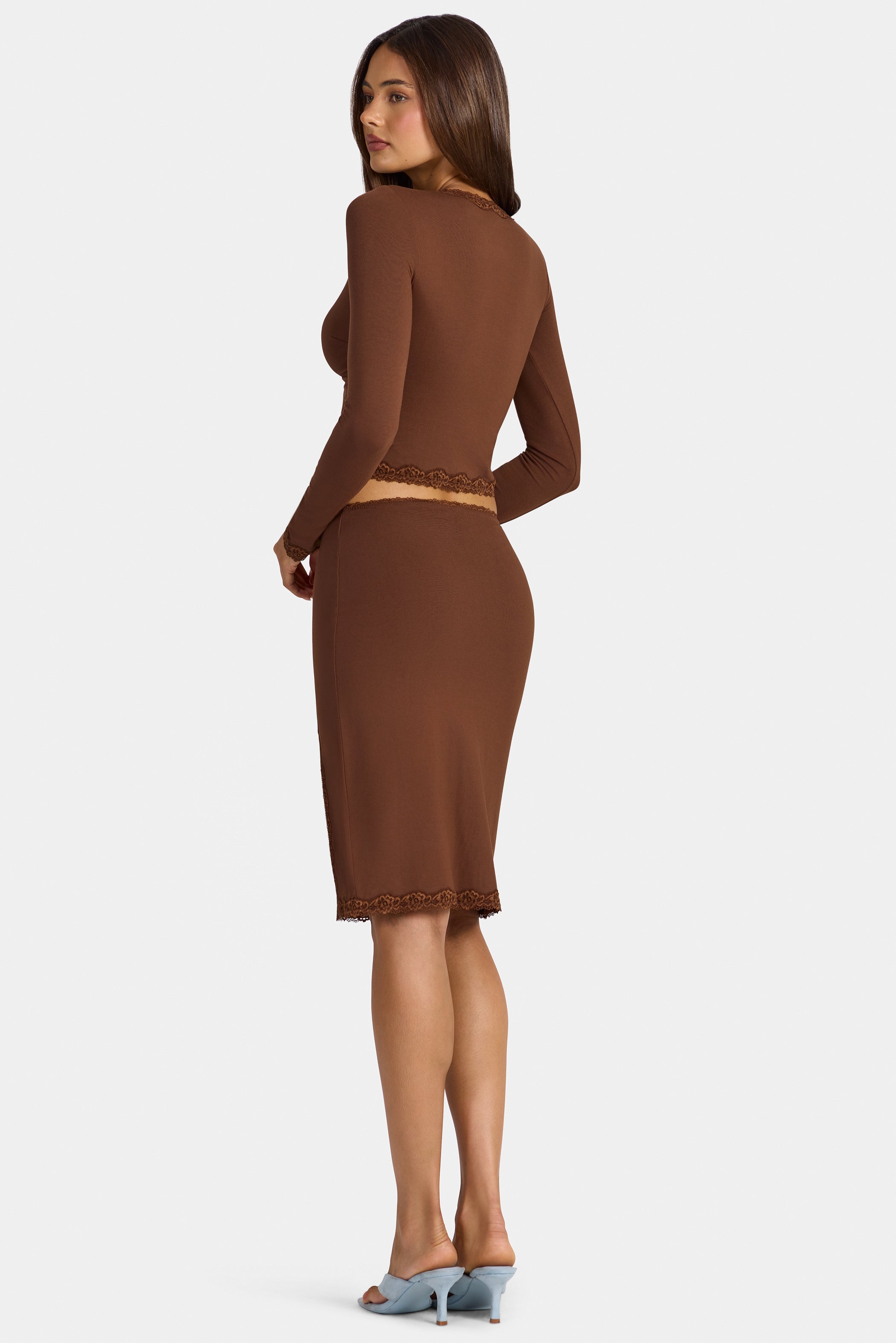 Modal Lace-Trim Low-Rise Midi Skirt in Cocoa Brown