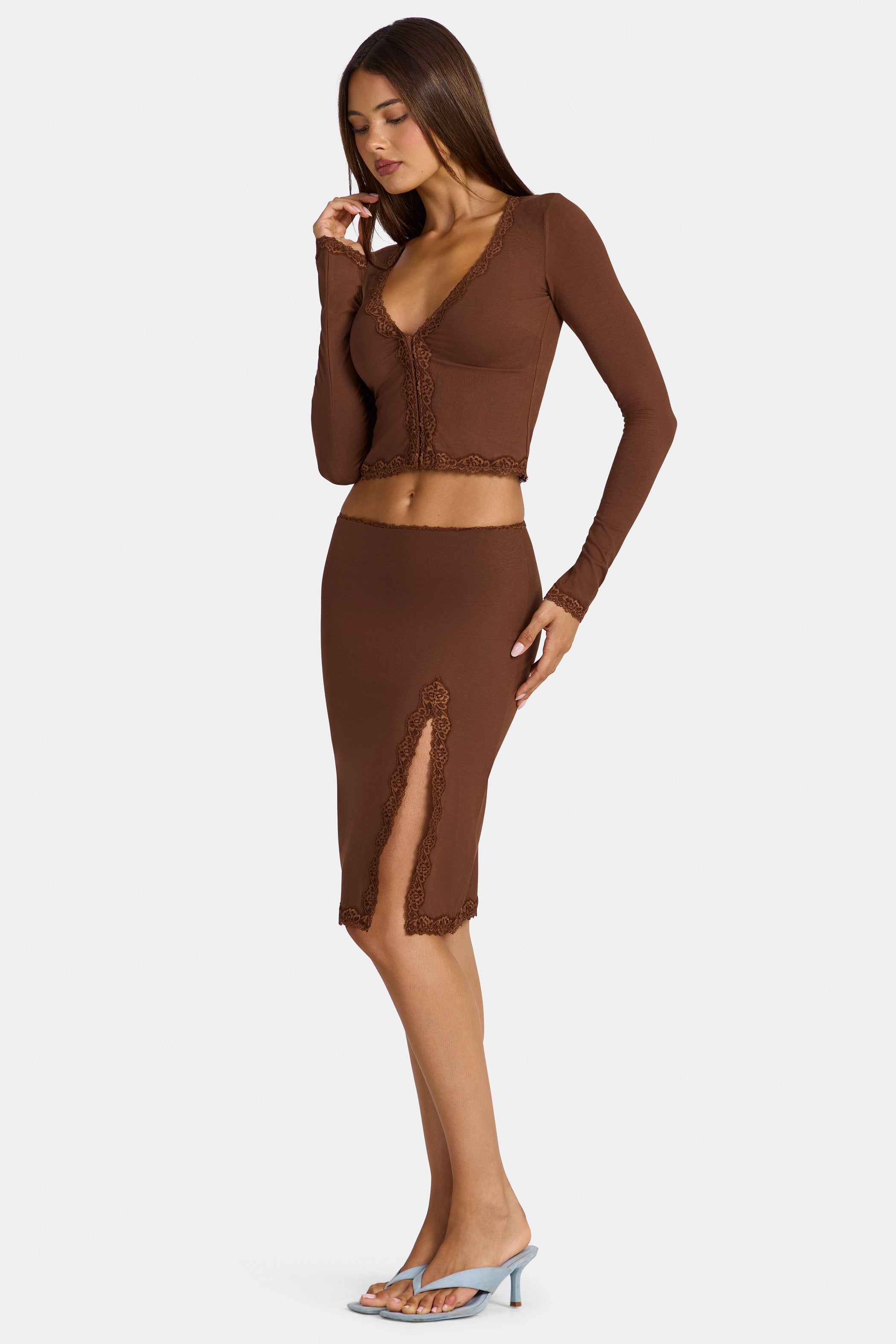 Modal Lace-Trim Low-Rise Midi Skirt in Cocoa Brown