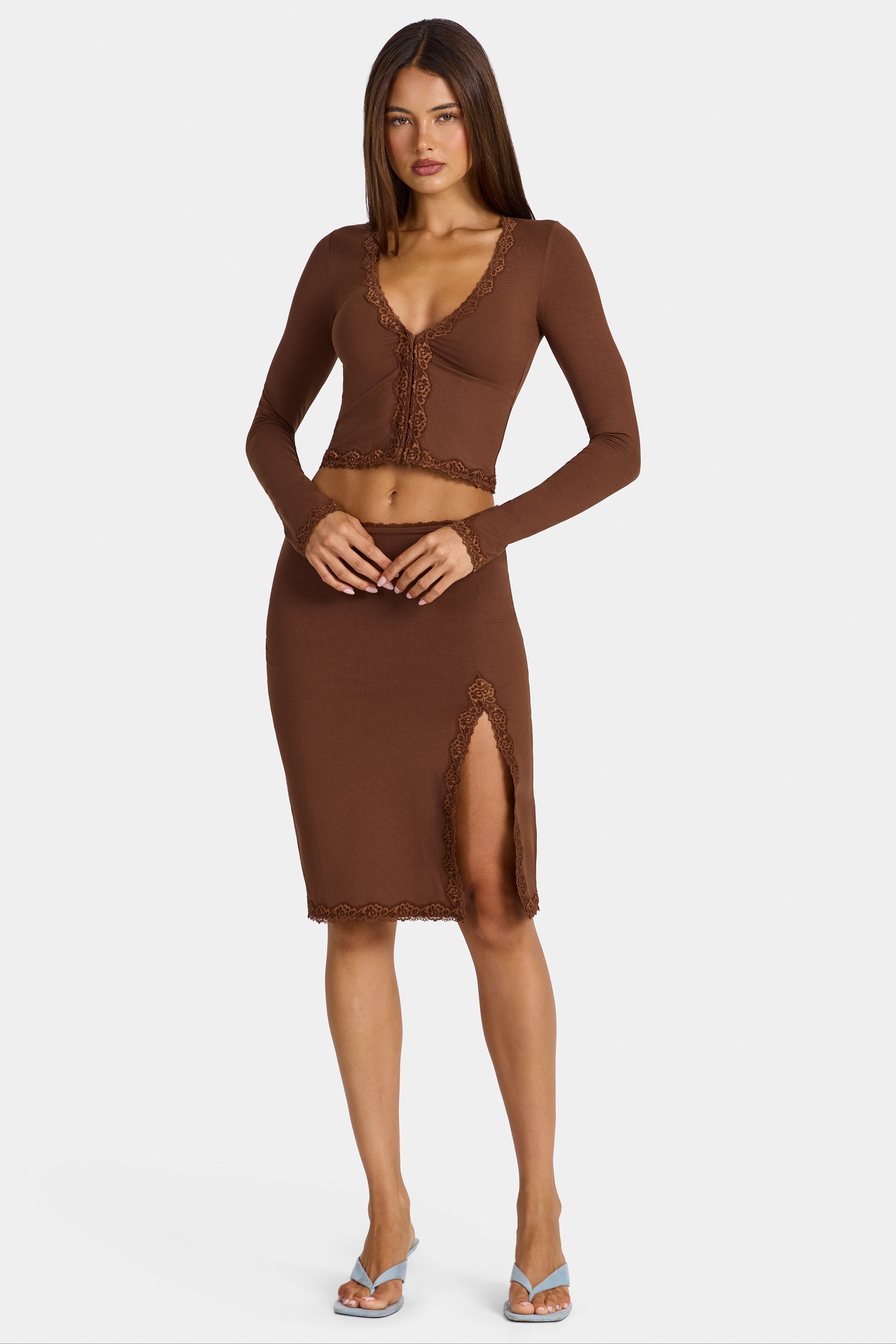 Modal Lace-Trim Low-Rise Midi Skirt in Cocoa Brown