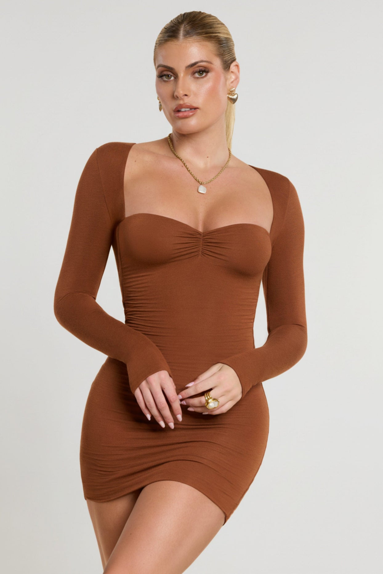 Long Sleeve Ruched Modal Cashmere Blend Mini Dress in Chestnut Brown - 1