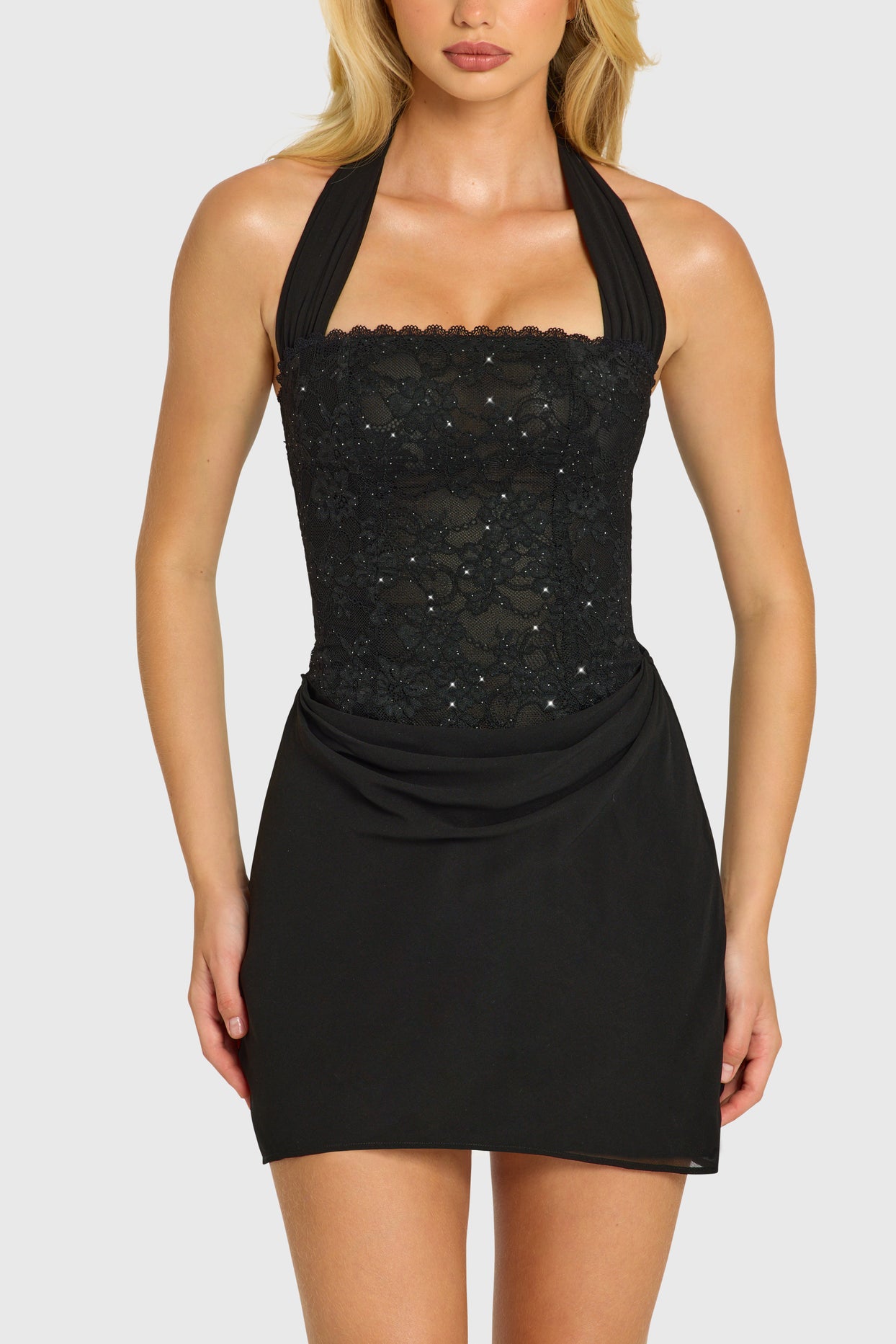 Sequin Lace Corset Mini Dress in Black - 4