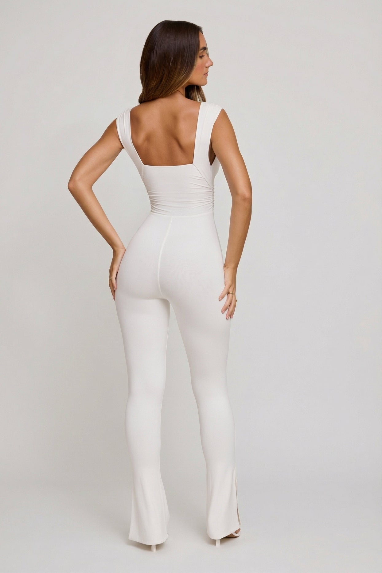 Plunge Neck Ruched Waist Jumpsuit in White - 2
