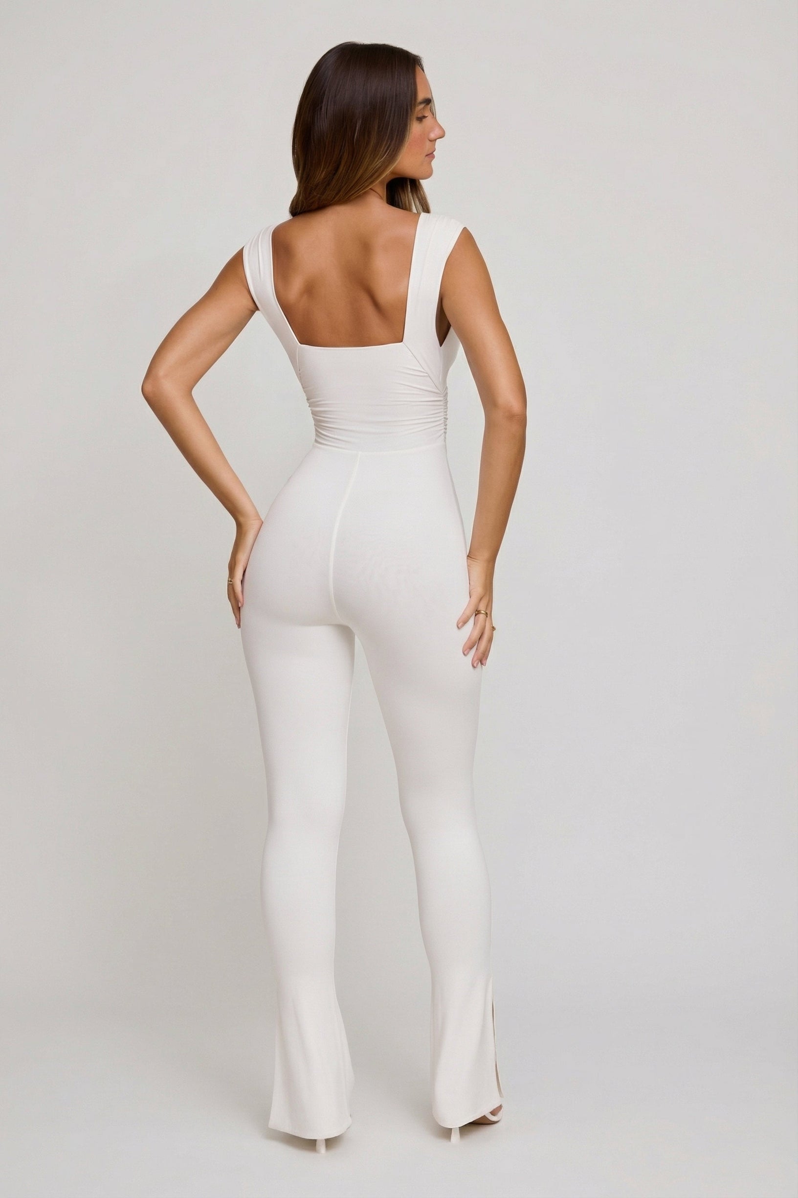Plunge Neck Ruched Waist Jumpsuit in White - 2