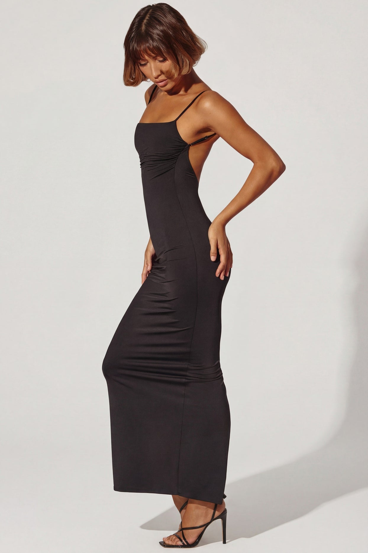 Ruched Bodycon Maxi Dress in Black - 4