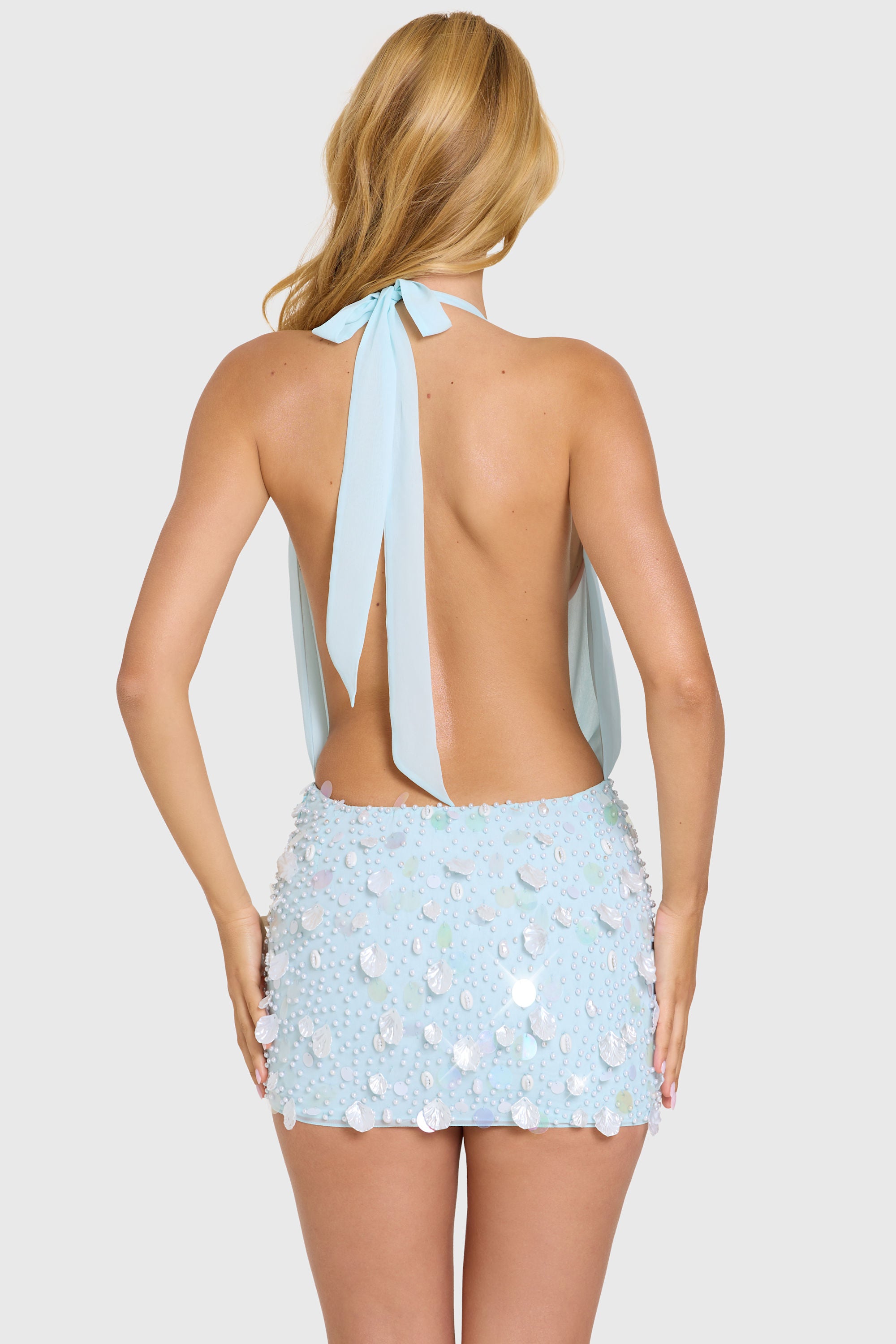 Embellished Skirt Chiffon Mini Dress in Aqua