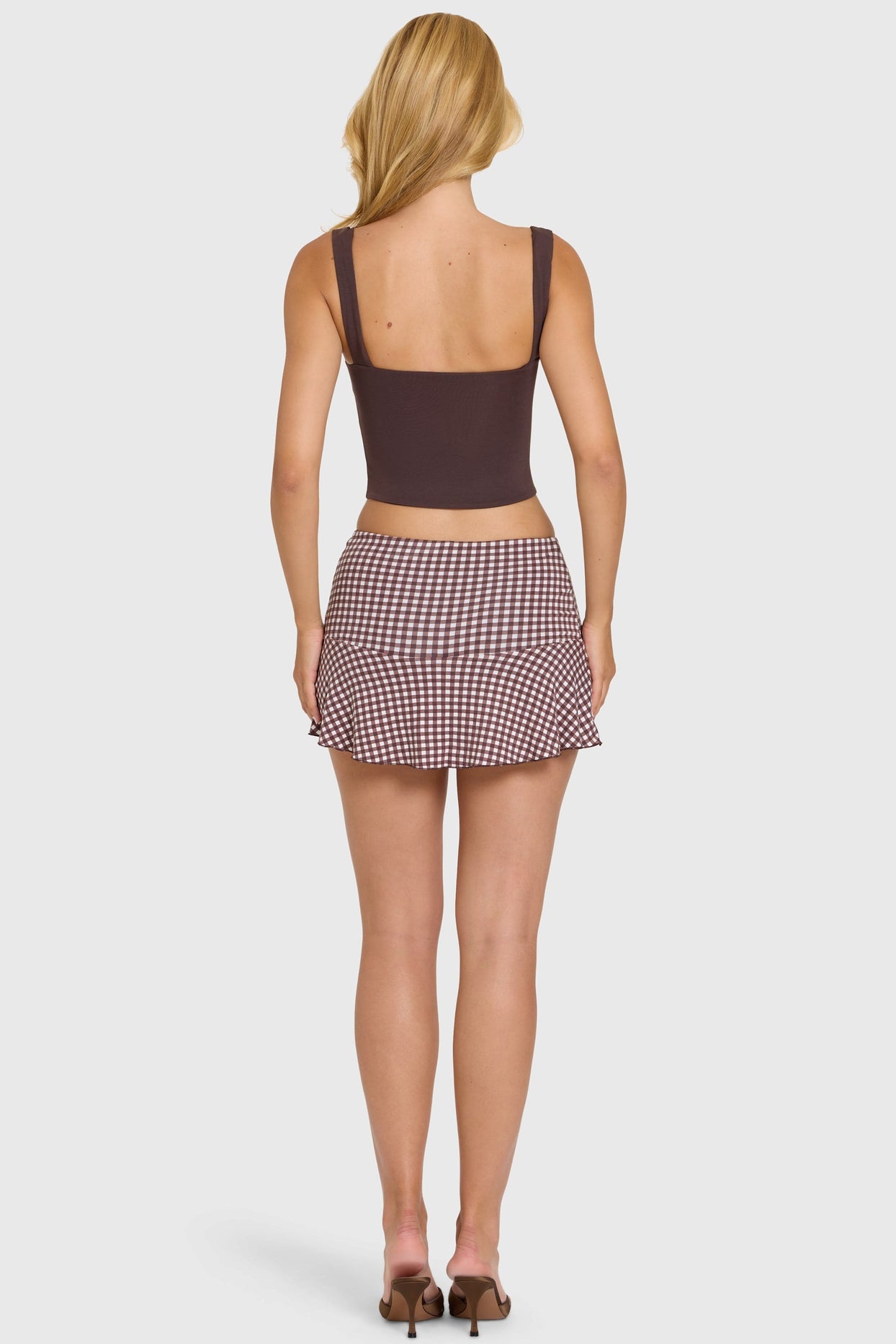 Modal Mid-Rise Skort in Brown Gingham - 5