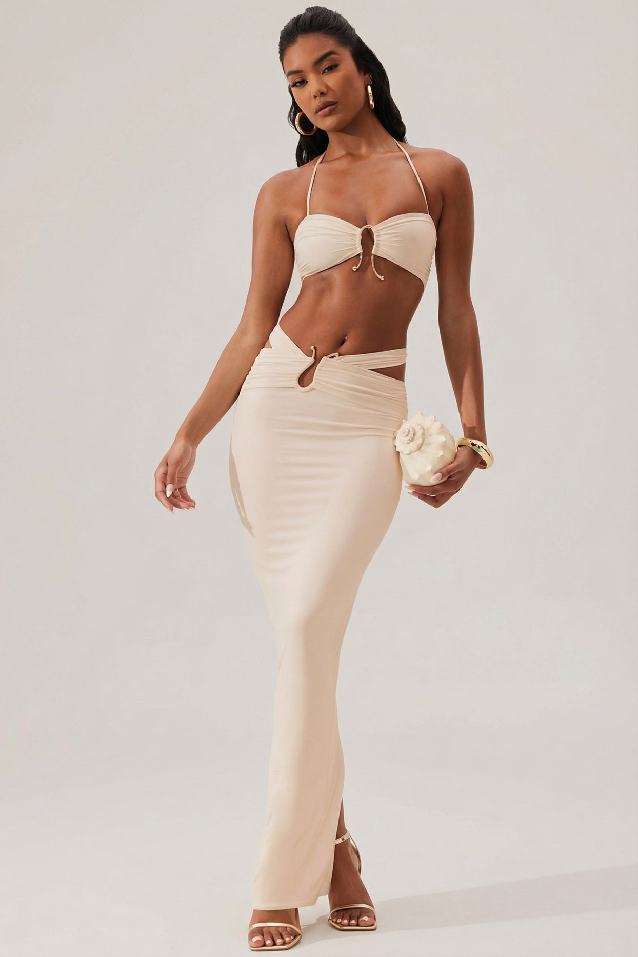 Ruched Waist Hardware Detail Maxi Skirt in Ivory - 11