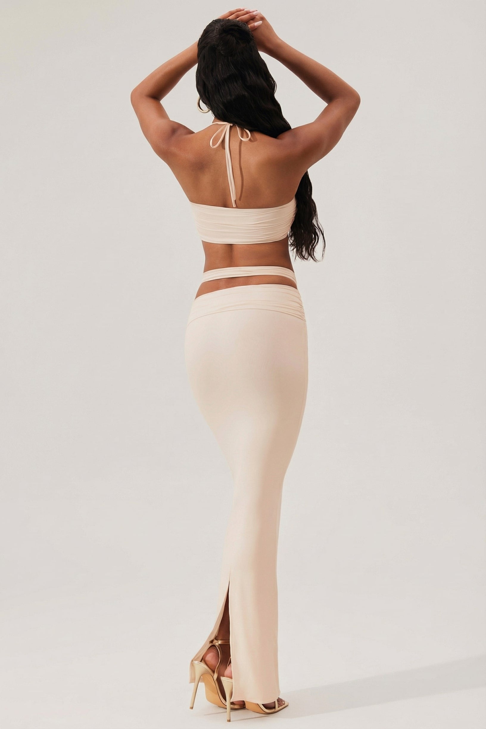 Ruched Waist Hardware Detail Maxi Skirt in Ivory - 2
