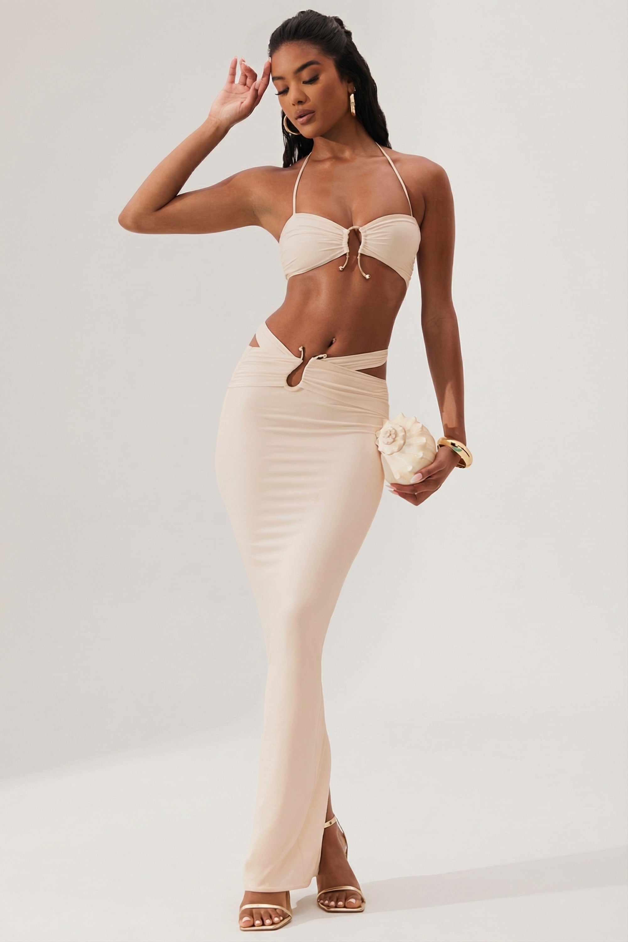 Ruched Waist Hardware Detail Maxi Skirt in Ivory