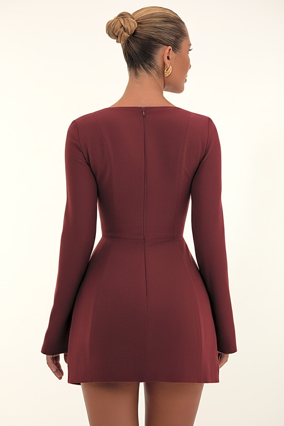 Square-Neck Structured Tulip Mini Dress in Wine Red