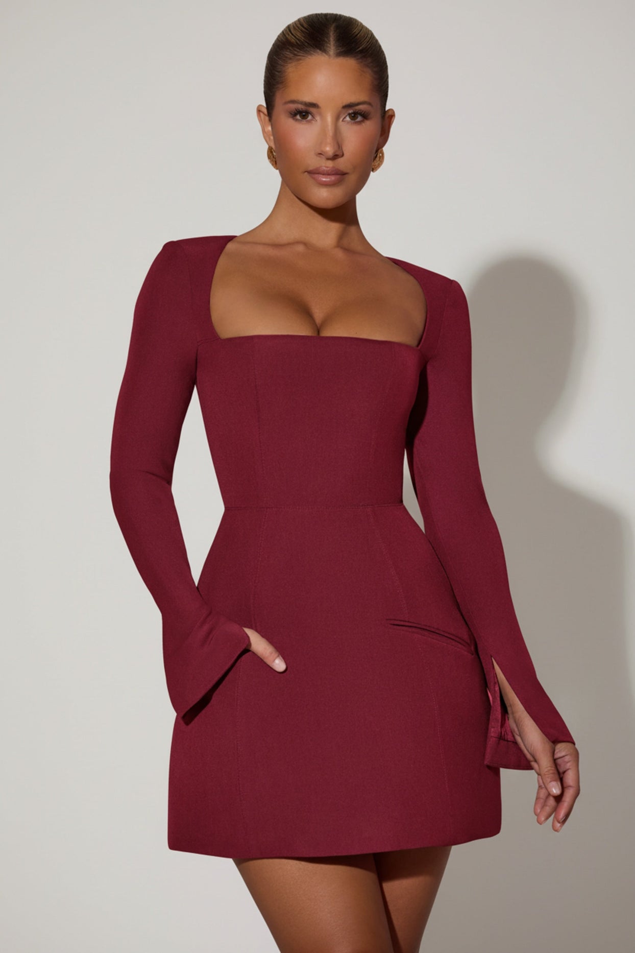 Square-Neck Structured Tulip Mini Dress in Wine Red