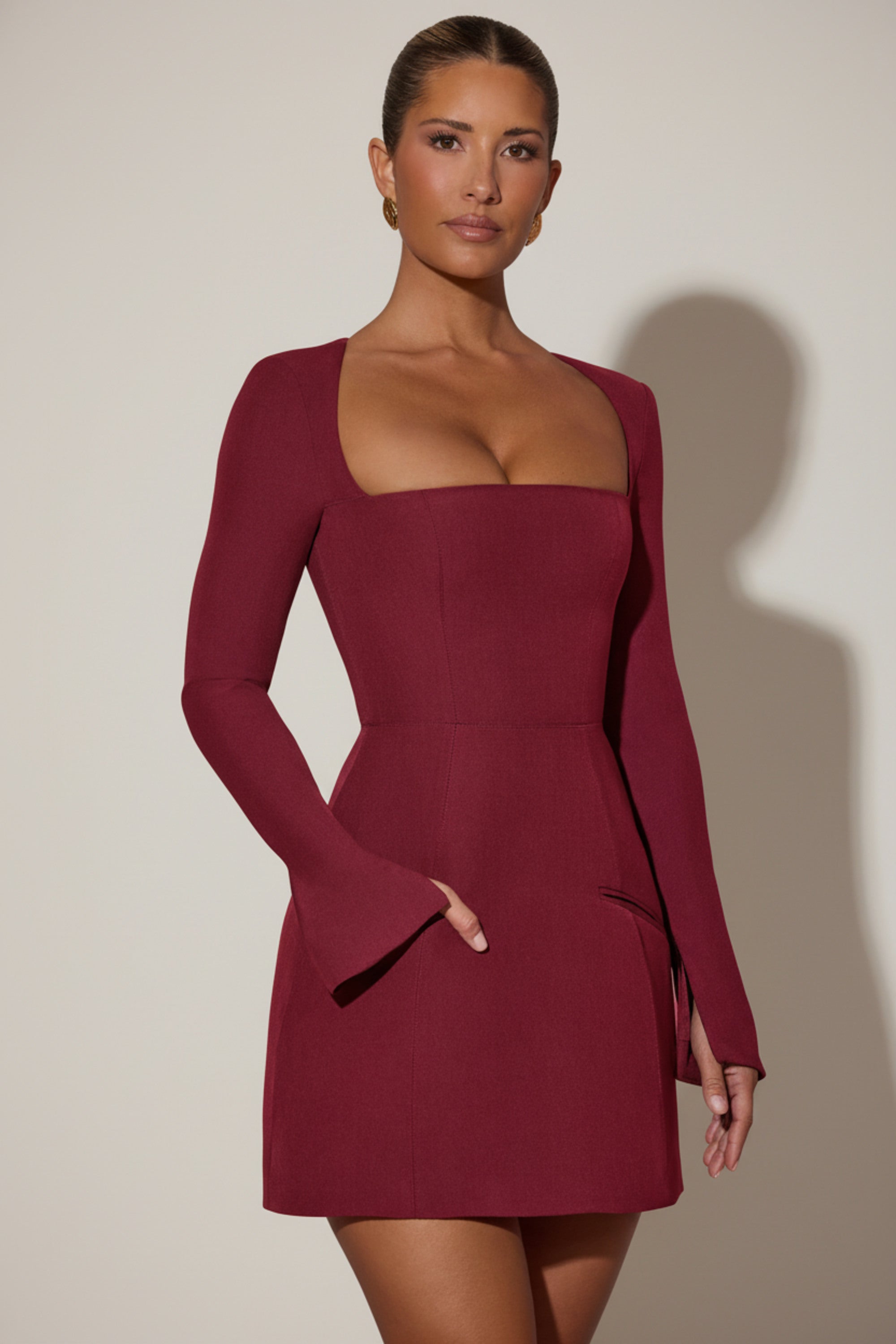 Taesha Square-Neck Structured Tulip Mini Dress in Wine Red | Oh Polly