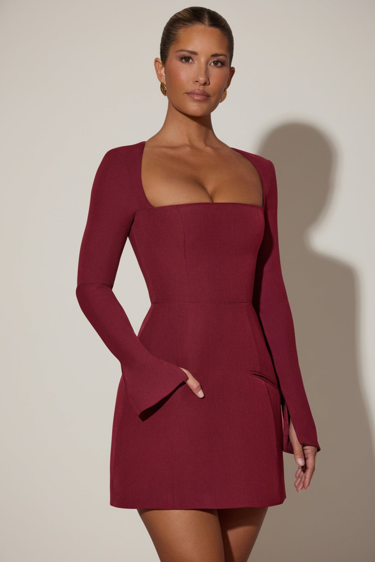 Square-Neck Structured Tulip Mini Dress in Wine Red