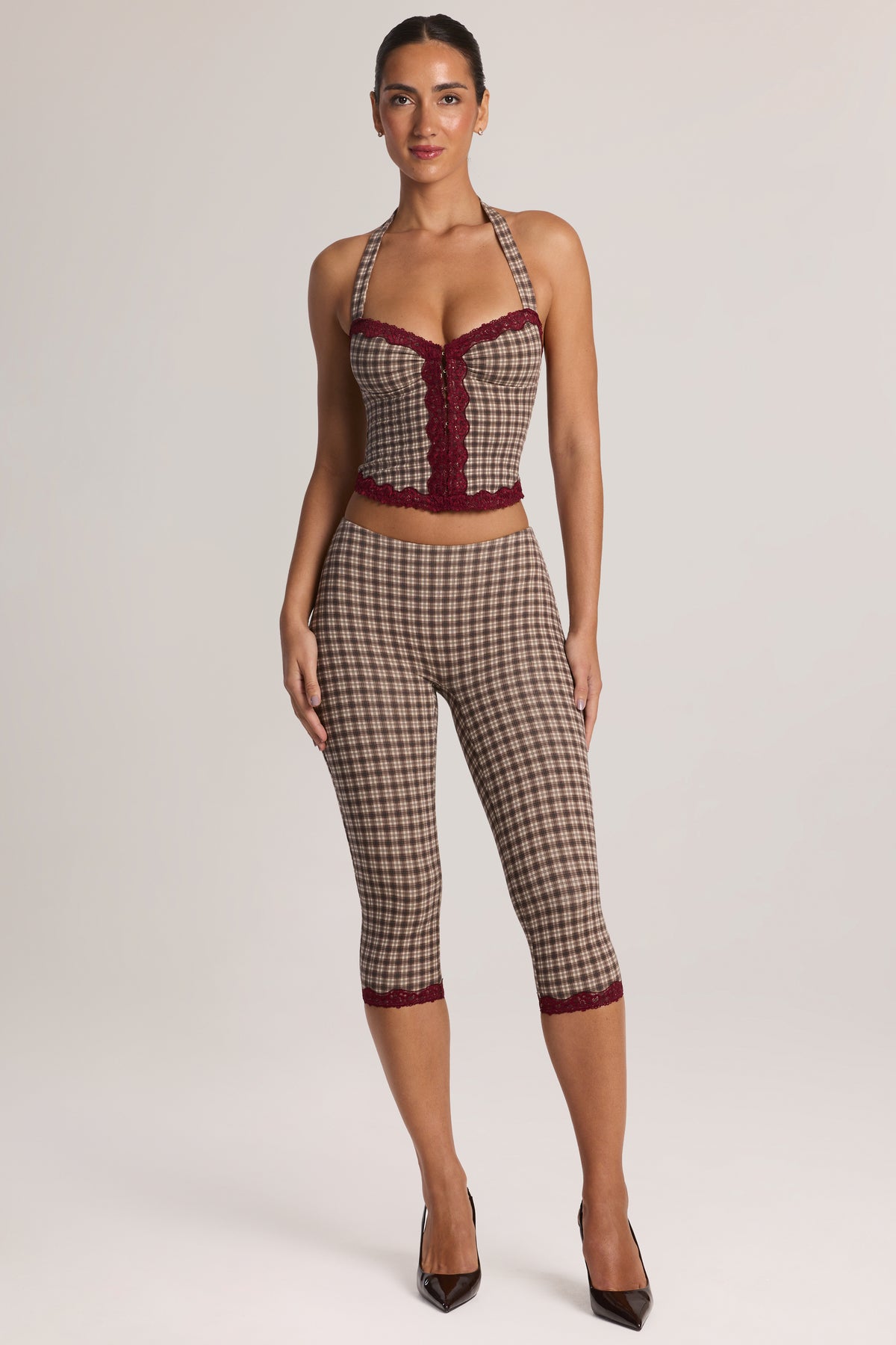 Modal Lace-Trim Capri Leggings in Square Check Print