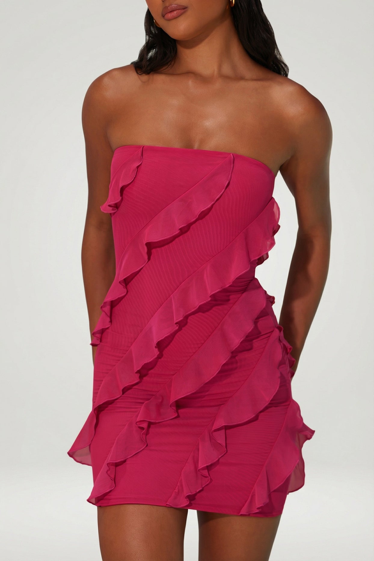 Bandeau Ruffle Detail Mini Dress in Raspberry - 4