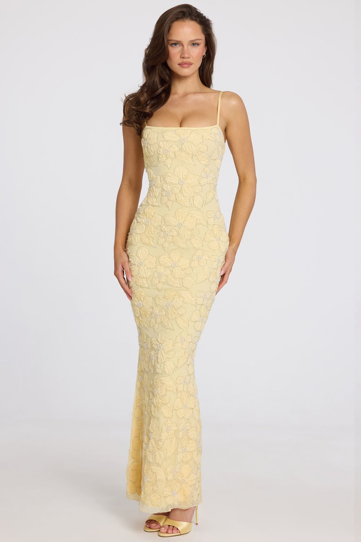Embellished Square-Neck Maxi Dress in Butter Yellow - 5