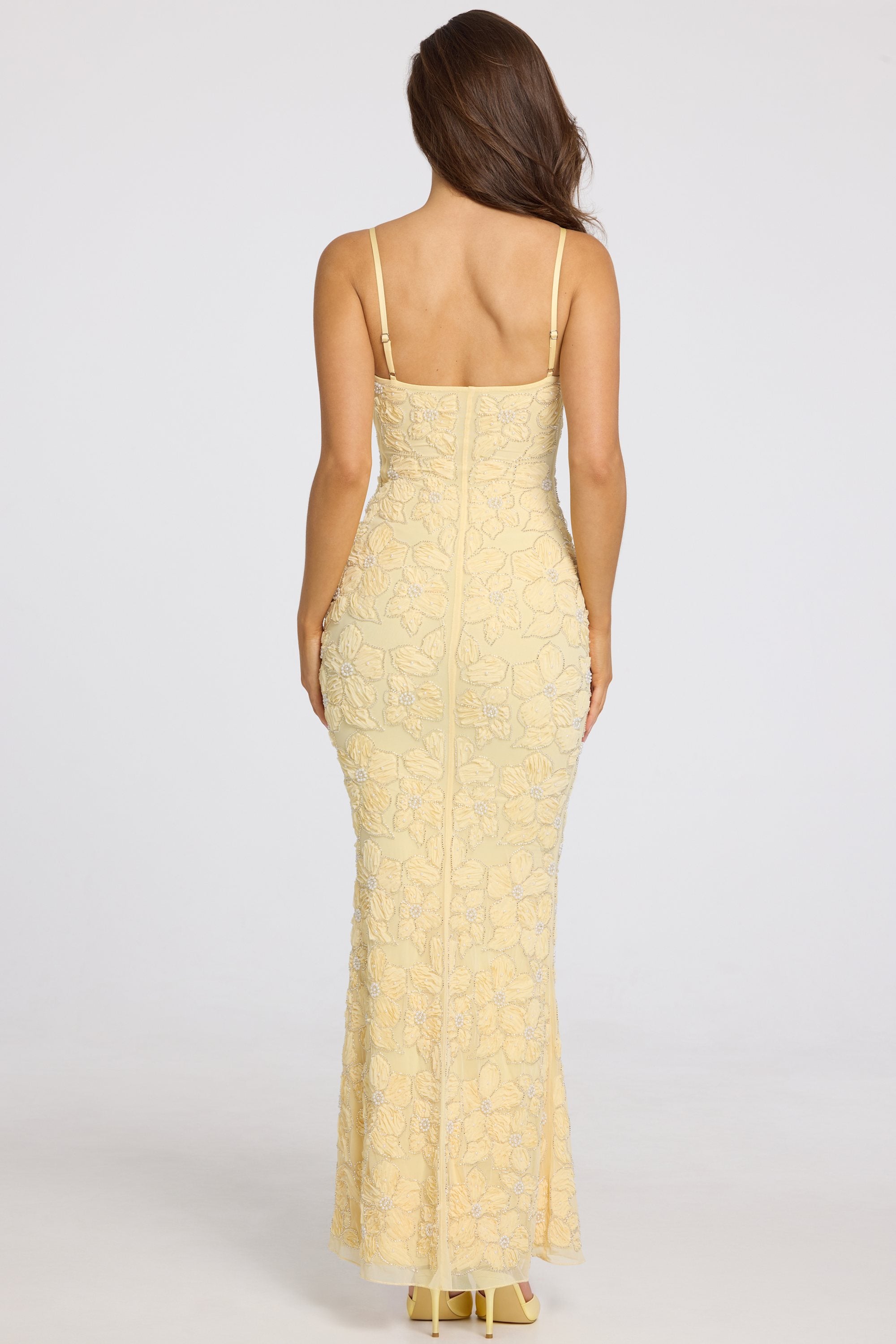 Embellished Square-Neck Maxi Dress in Butter Yellow