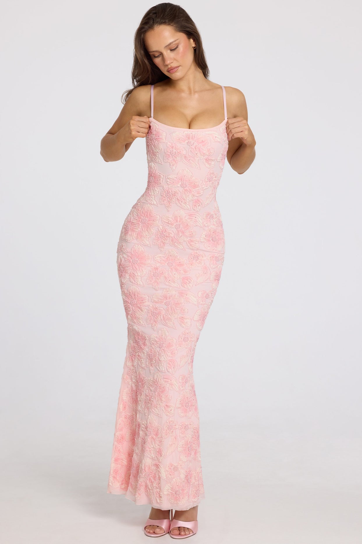 Embellished Square-Neck Maxi Dress in Soft Pink Ombre - 7