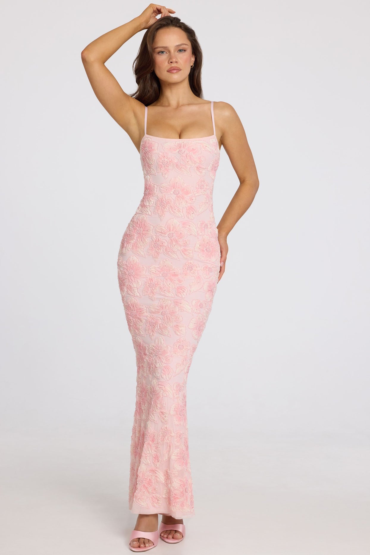 Embellished Square-Neck Maxi Dress in Soft Pink Ombre - 8